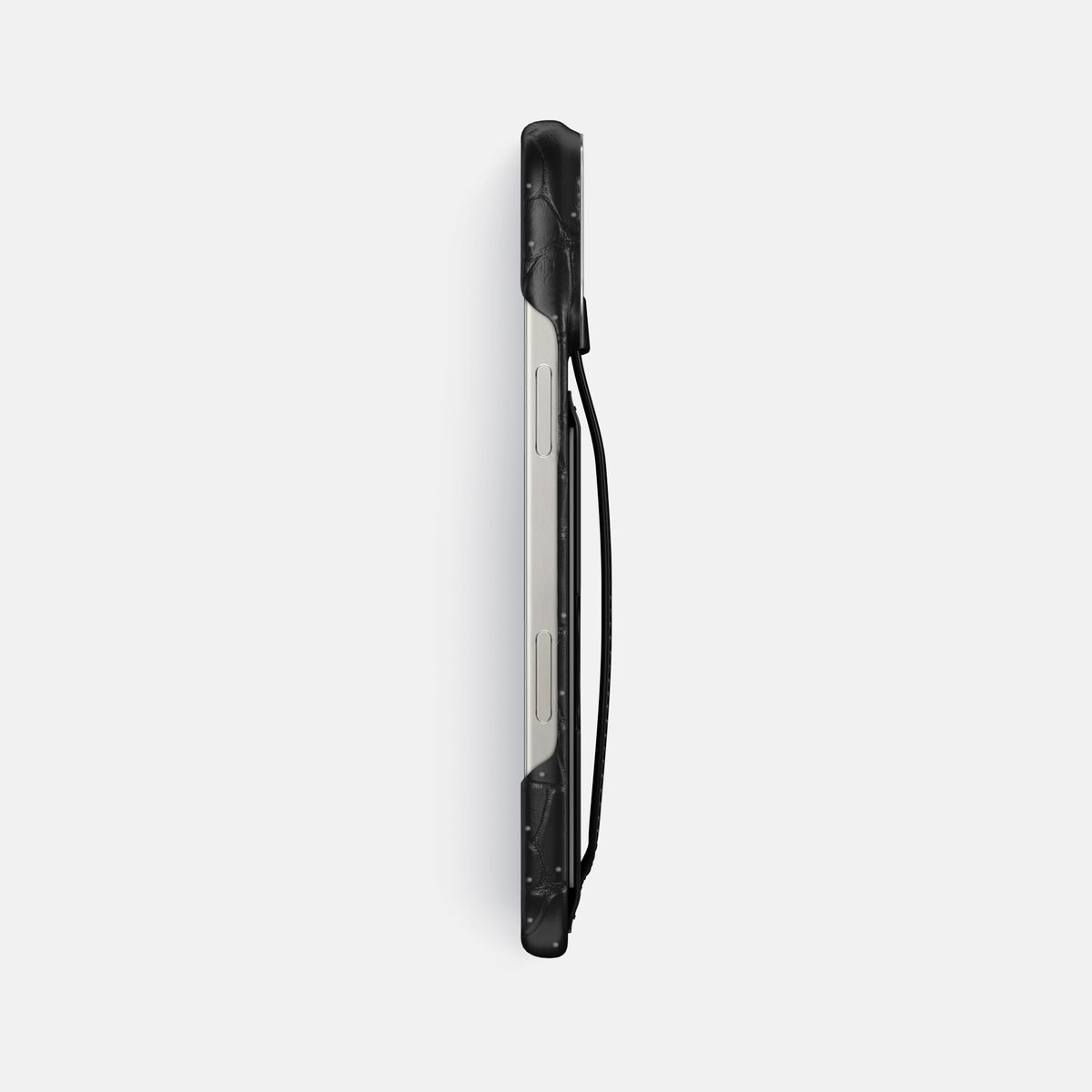 Black iPhone 16 Pro Max Cardholder Strap Case Porosus Crocodile with Steel Metal -3 | Black-Steel