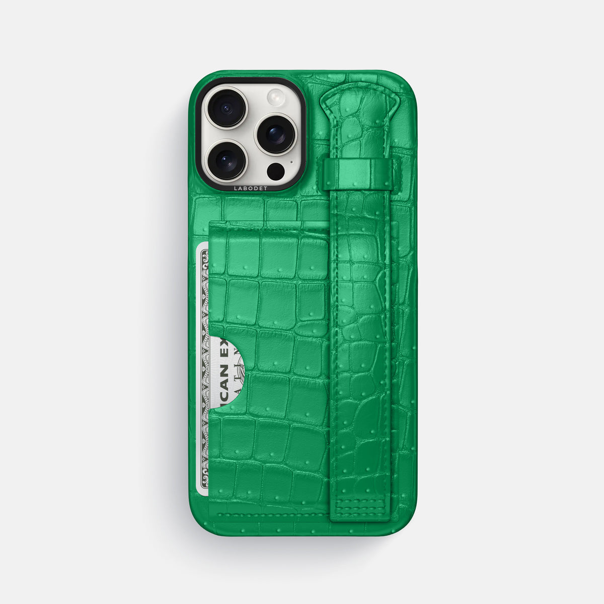 Cactus-Green iPhone 16 Pro Max Cardholder Strap Case Porosus Crocodile with Black Metal -1 | Cactus-Green-Black
