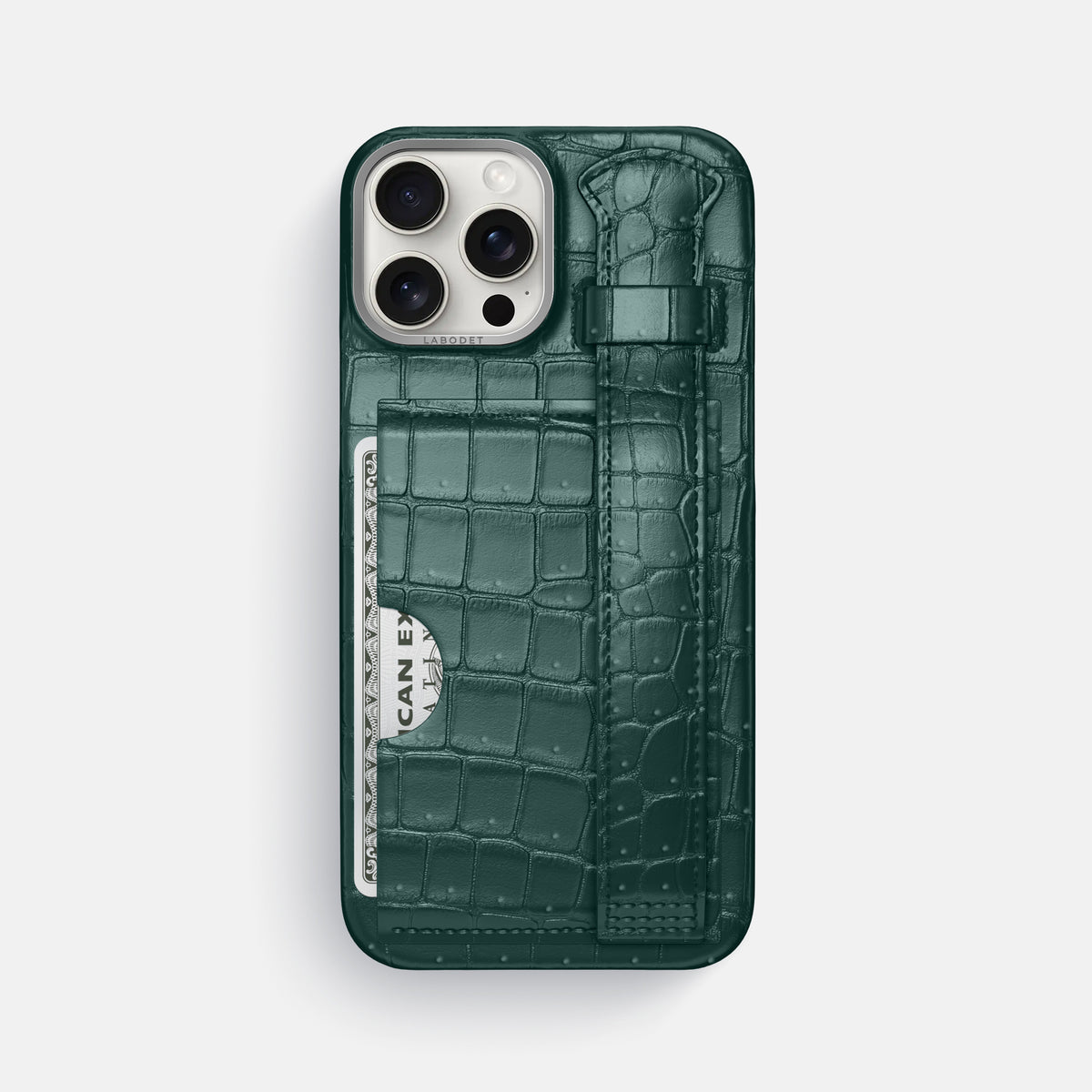 Dark-Forest iPhone 16 Pro Max Cardholder Strap Case Porosus Crocodile with Steel Metal -1 | Dark-Forest-Steel