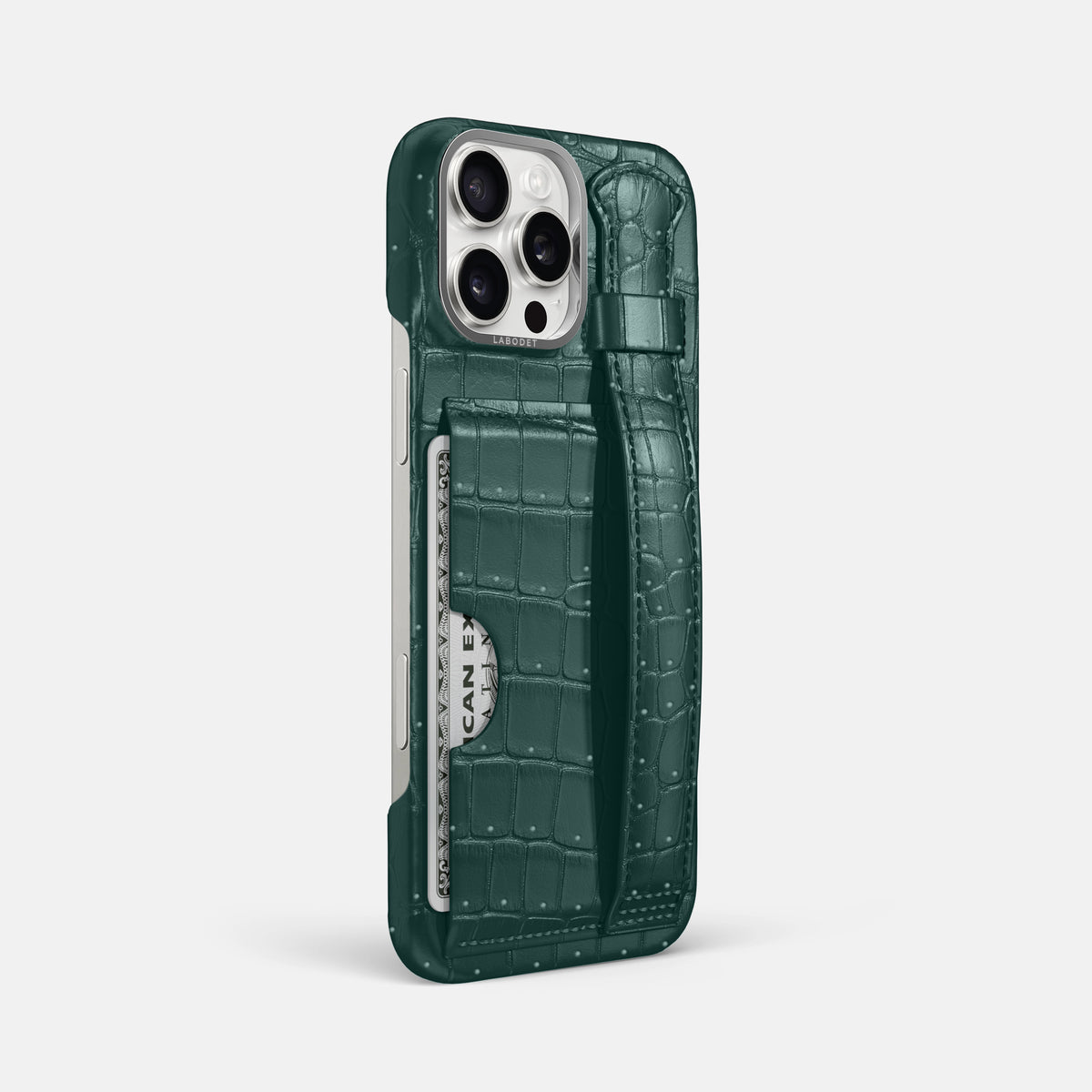 Dark-Forest iPhone 16 Pro Max Cardholder Strap Case Porosus Crocodile with Steel Metal -2 | Dark-Forest-Steel