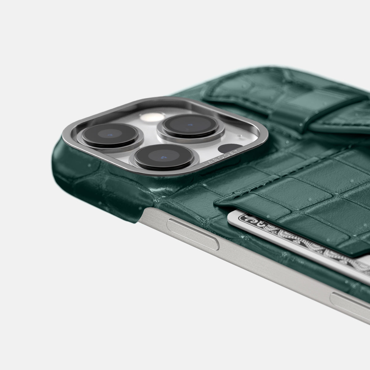 Dark-Forest iPhone 16 Pro Max Cardholder Strap Case Porosus Crocodile with Steel Metal -5 | Dark-Forest-Steel