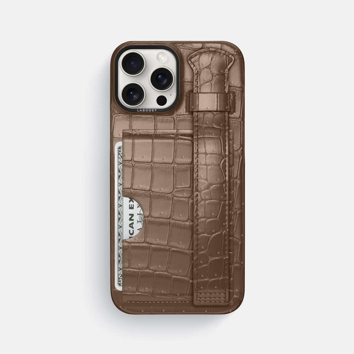 Fur-Brown iPhone 16 Pro Max Cardholder Strap Case Porosus Crocodile with Black Metal -1 | Fur-Brown-Black