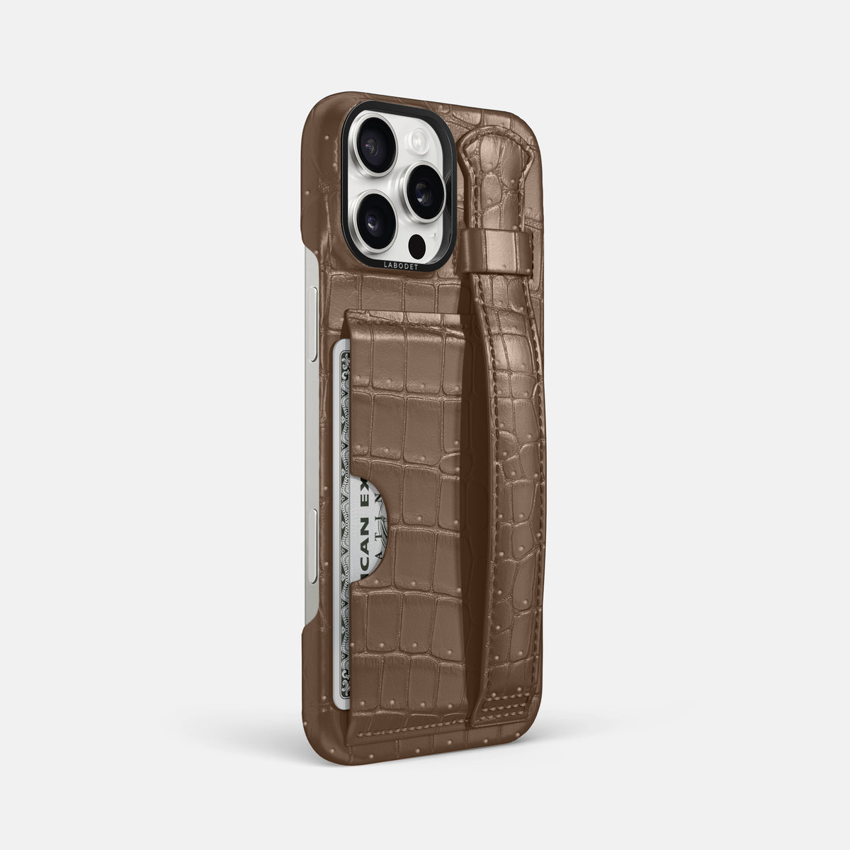 Fur-Brown iPhone 16 Pro Max Cardholder Strap Case Porosus Crocodile with Black Metal -2 | Fur-Brown-Black