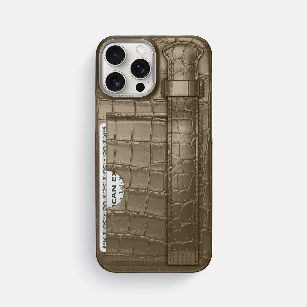 Kaki-Green iPhone 16 Pro Max Cardholder Strap Case Porosus Crocodile with Steel Metal -1 | Kaki-Green-Steel