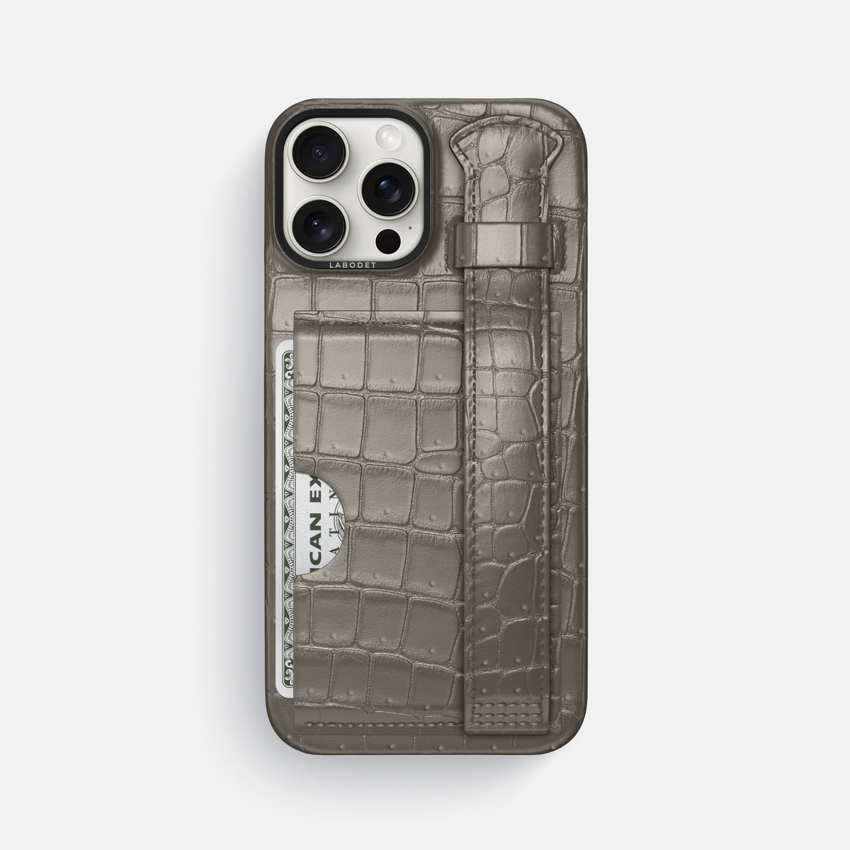 Lava-Stone iPhone 16 Pro Max Cardholder Strap Case Porosus Crocodile with Black Metal -1 | Lava-Stone-Black