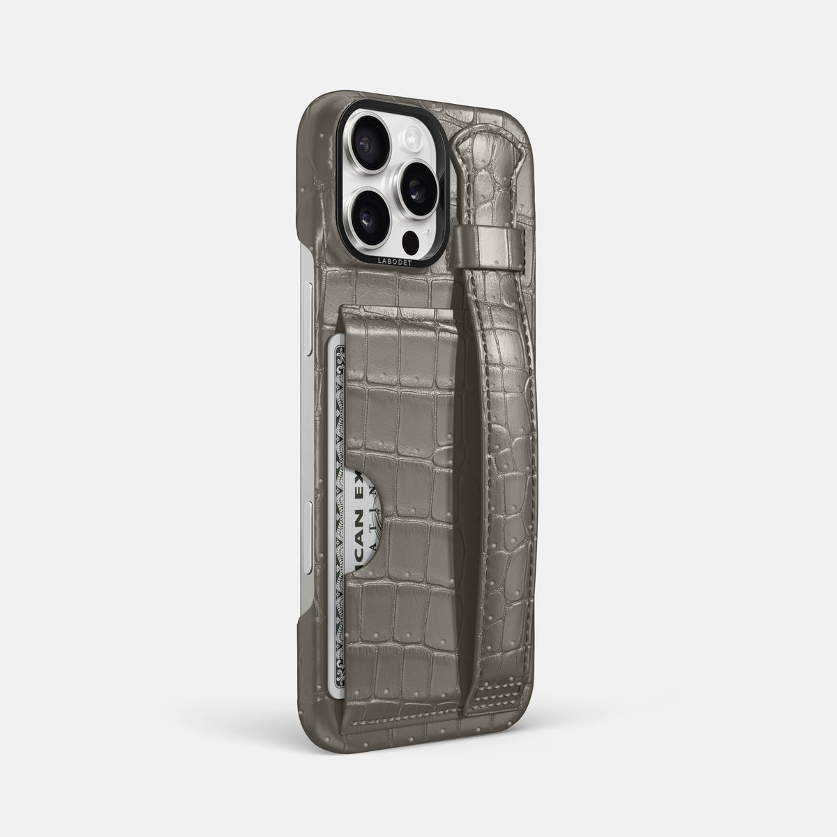 Lava-Stone iPhone 16 Pro Max Cardholder Strap Case Porosus Crocodile with Black Metal -2 | Lava-Stone-Black
