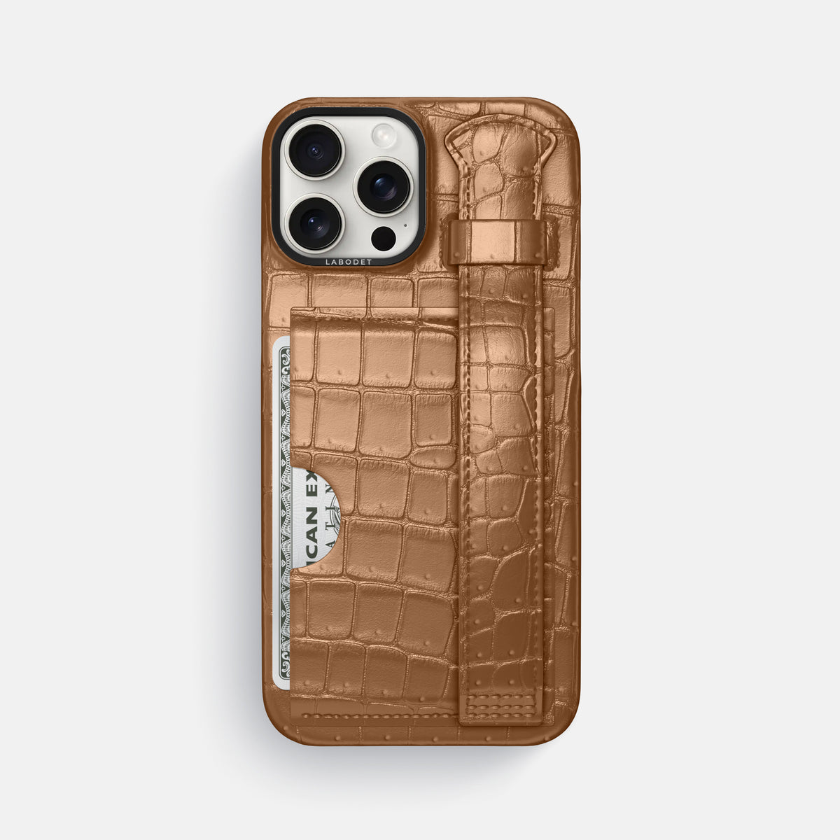 Milk-Chocolate iPhone 16 Pro Max Cardholder Strap Case Porosus Crocodile with Black Metal -1 | Milk-Chocolate-Black