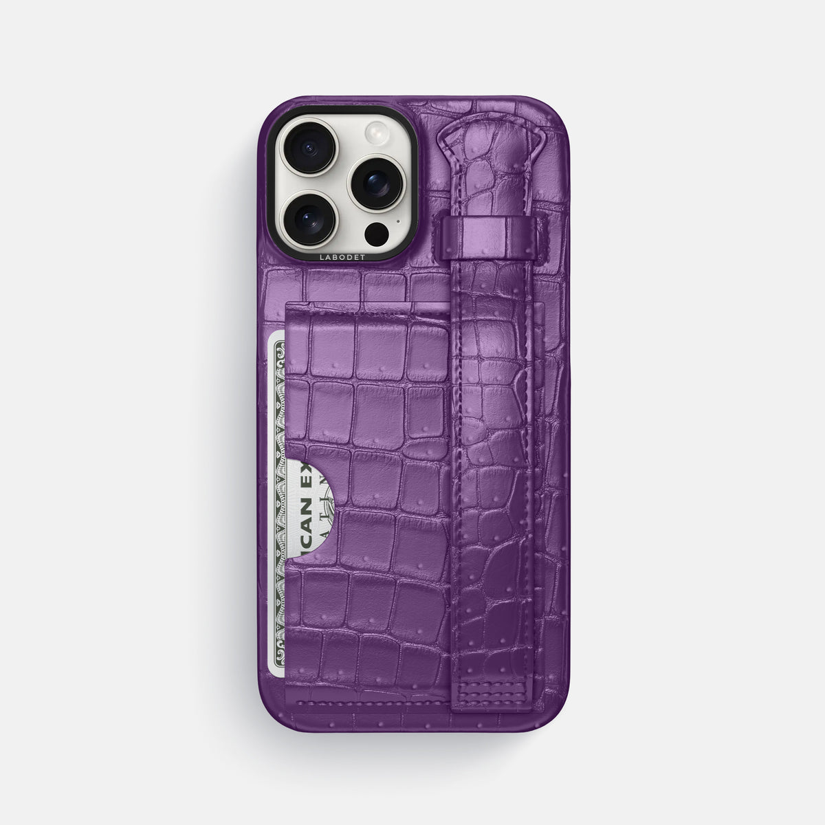 Purple iPhone 16 Pro Max Cardholder Strap Case Porosus Crocodile with Black Metal -1 | Purple-Black