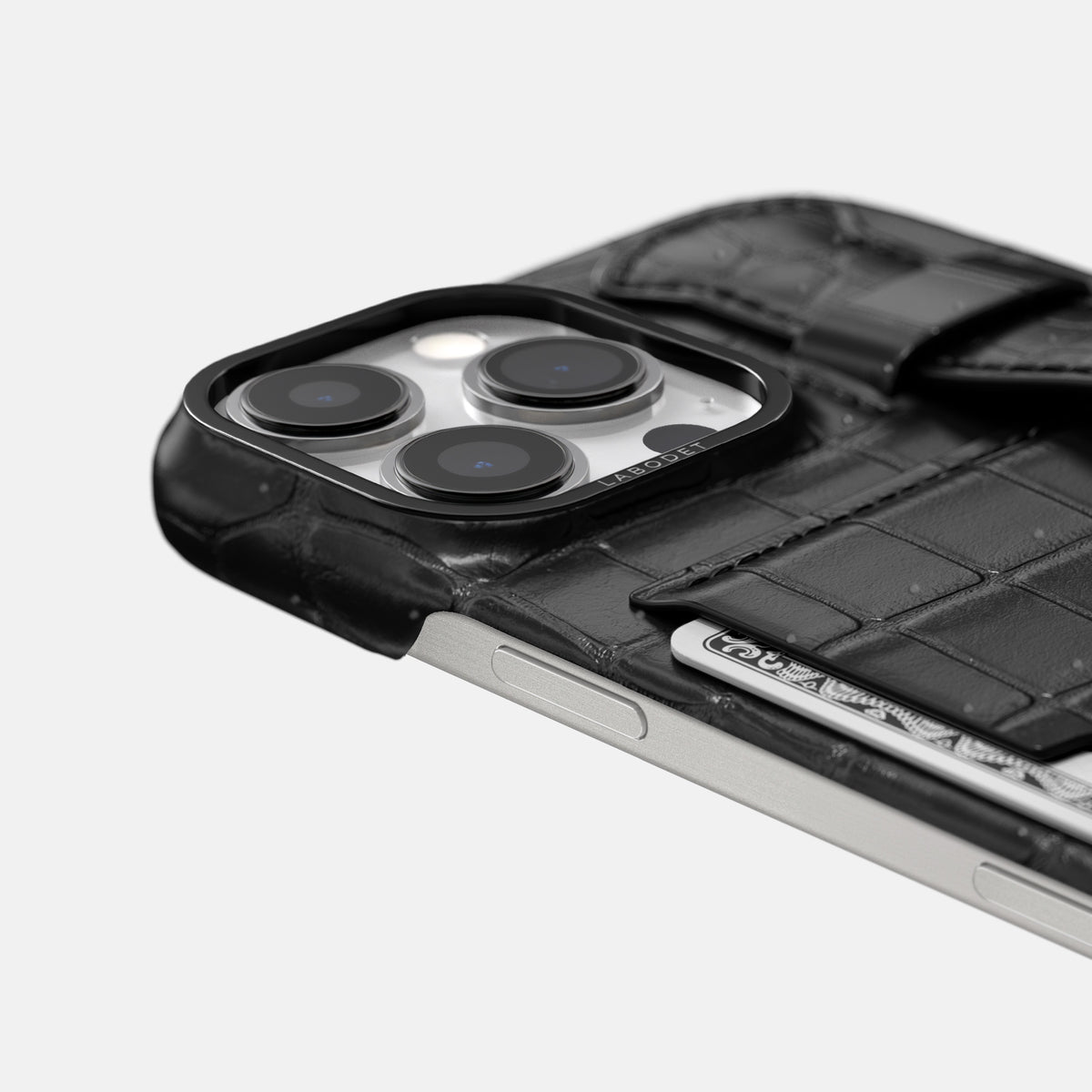 Black iPhone 16 Pro Cardholder Strap Case Porosus Crocodile with Black Metal -5 | Black-Black