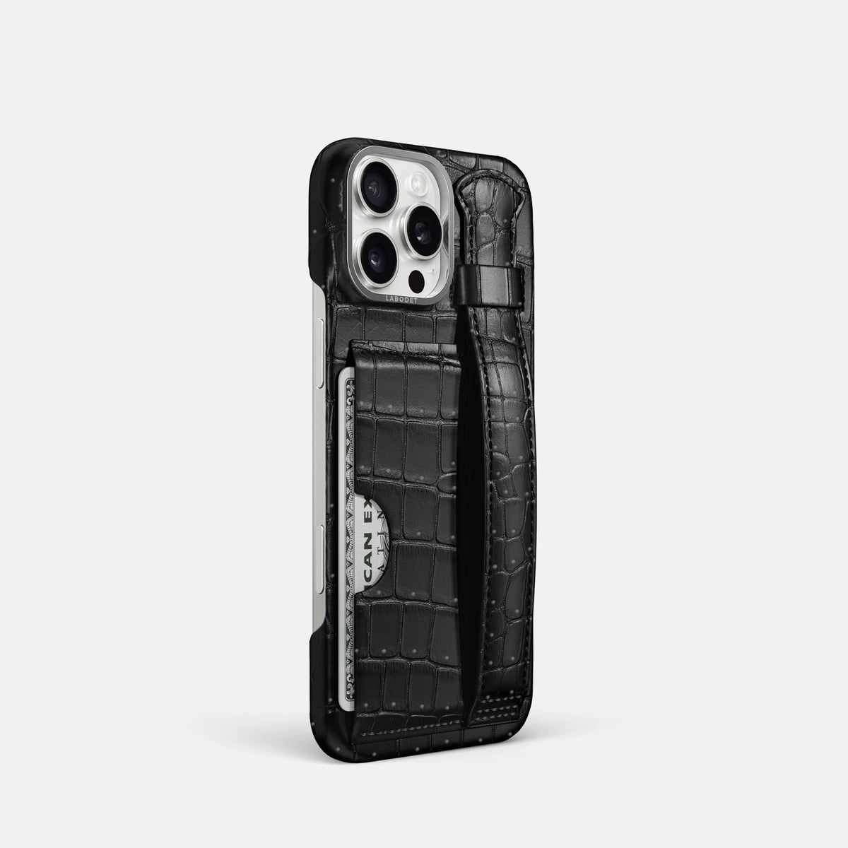 Black iPhone 16 Pro Cardholder Strap Case Porosus Crocodile with Steel Metal -2 | Black-Steel