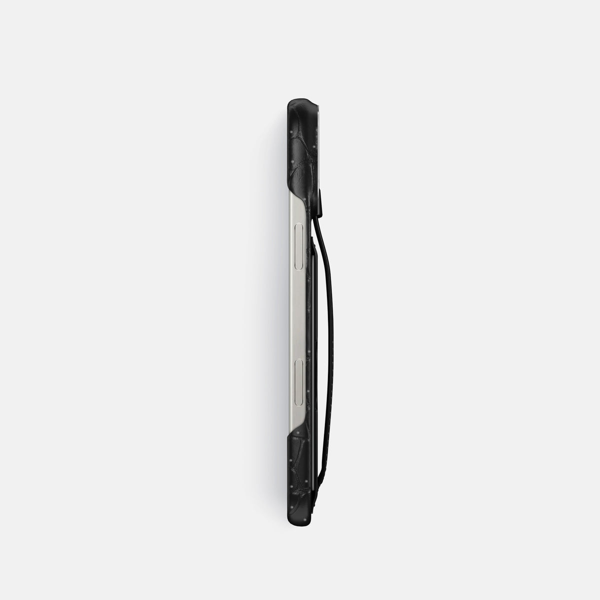 Black iPhone 16 Pro Cardholder Strap Case Porosus Crocodile with Steel Metal -3 | Black-Steel