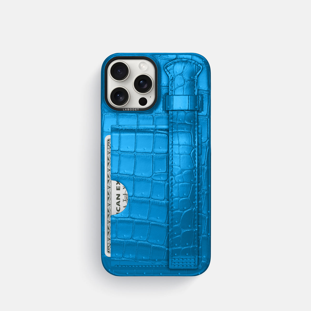 Blue-Lagoon iPhone 16 Pro Cardholder Strap Case Porosus Crocodile with Black Metal -1 | Blue-Lagoon-Black