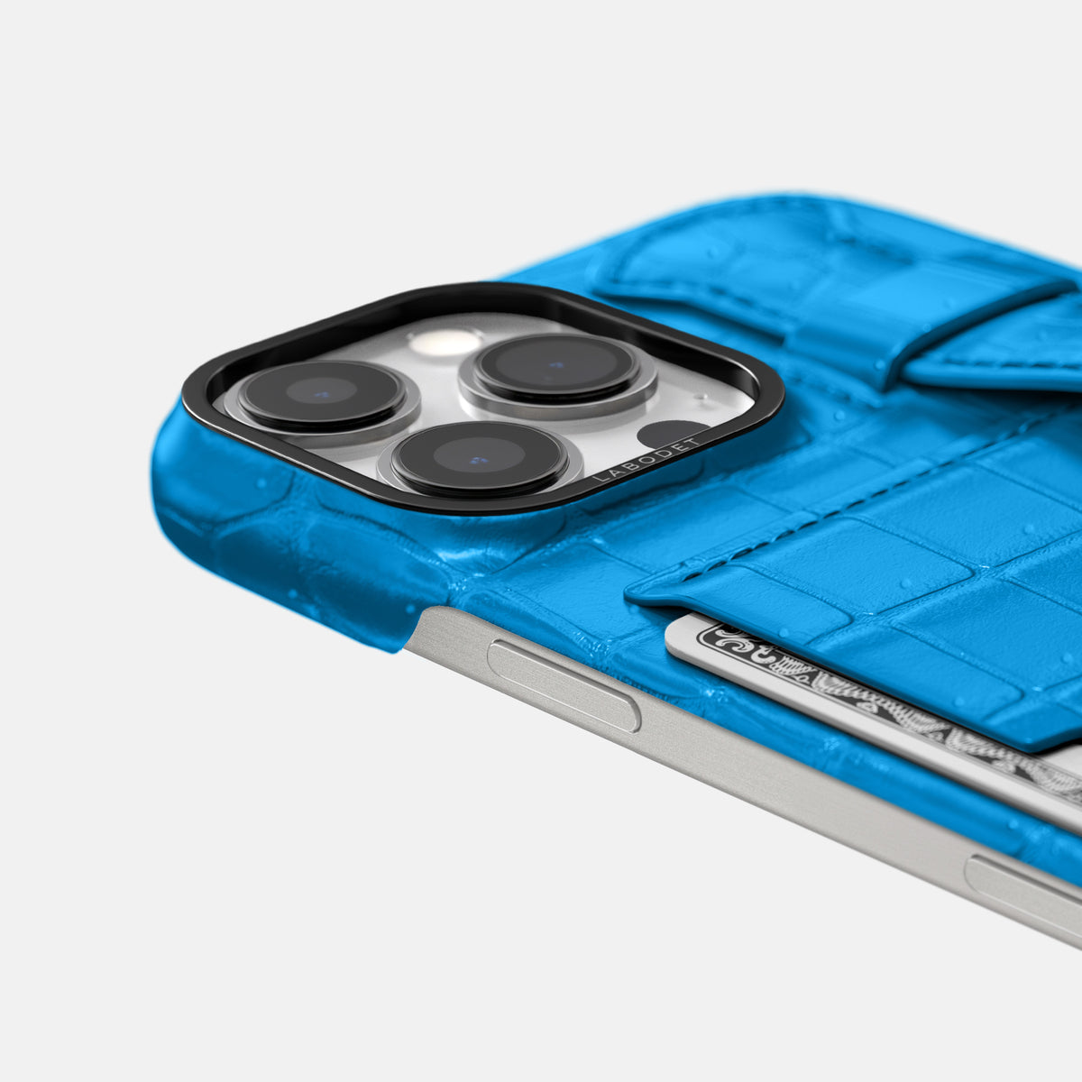 Blue-Lagoon iPhone 16 Pro Cardholder Strap Case Porosus Crocodile with Black Metal -5 | Blue-Lagoon-Black