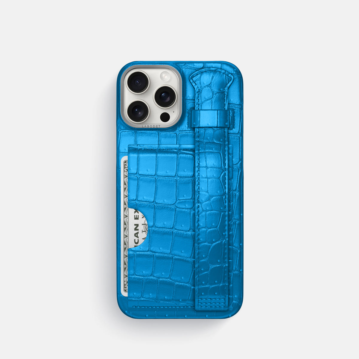 Blue-Lagoon iPhone 16 Pro Cardholder Strap Case Porosus Crocodile with Steel Metal -1 | Blue-Lagoon-Steel
