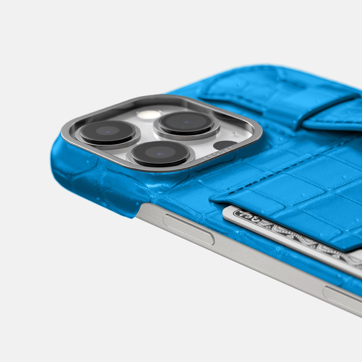 Blue-Lagoon iPhone 16 Pro Cardholder Strap Case Porosus Crocodile with Steel Metal -5 | Blue-Lagoon-Steel