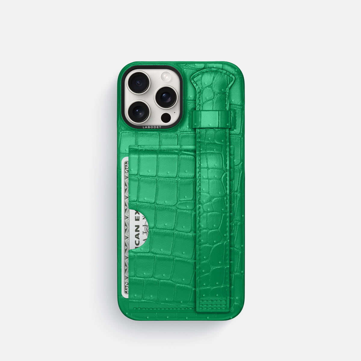 Cactus-Green iPhone 16 Pro Cardholder Strap Case Porosus Crocodile with Black Metal -1 | Cactus-Green-Black
