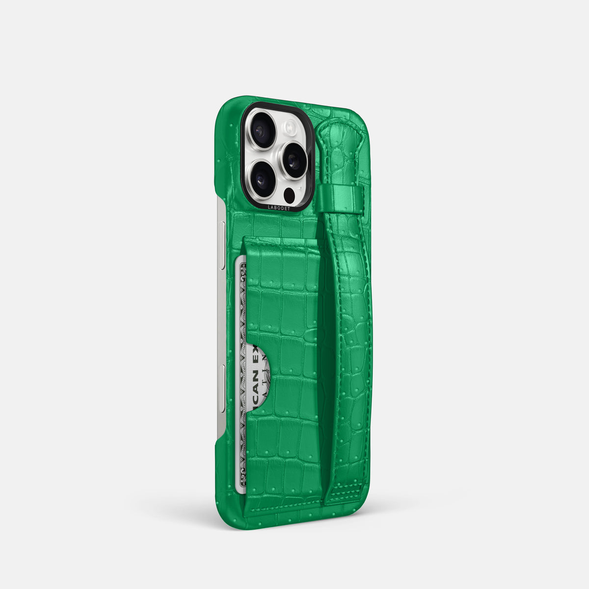 Cactus-Green iPhone 16 Pro Cardholder Strap Case Porosus Crocodile with Black Metal -2 | Cactus-Green-Black