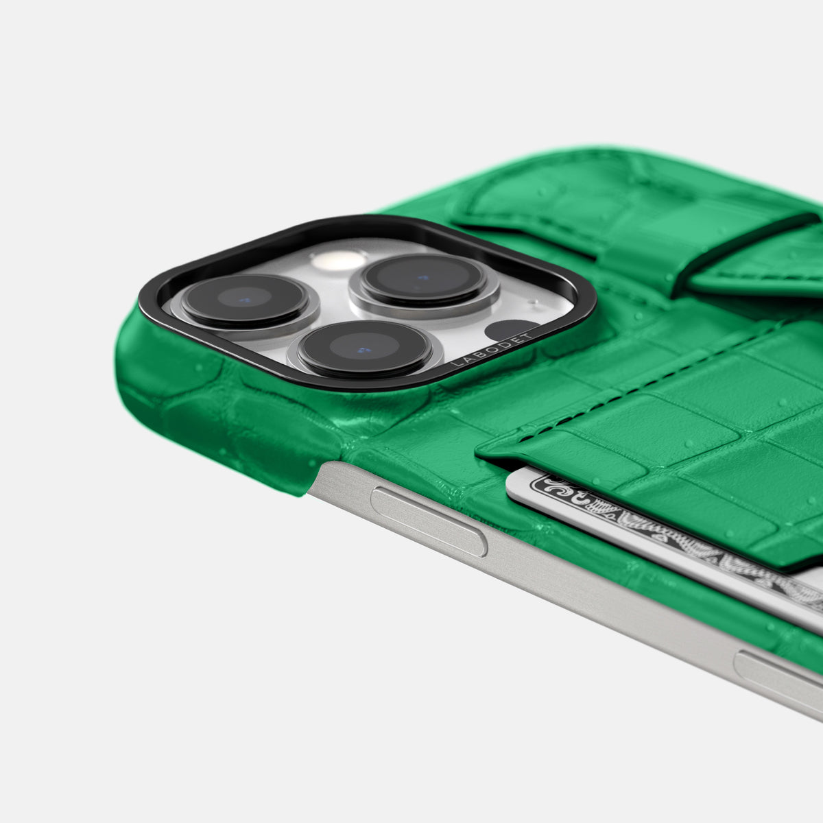 Cactus-Green iPhone 16 Pro Cardholder Strap Case Porosus Crocodile with Black Metal -5 | Cactus-Green-Black