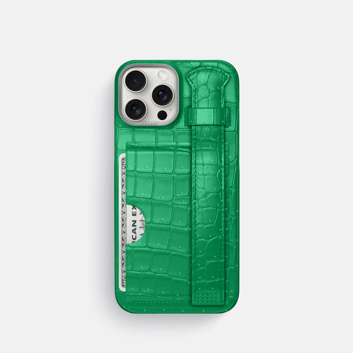 Cactus-Green iPhone 16 Pro Cardholder Strap Case Porosus Crocodile with Steel Metal -1 | Cactus-Green-Steel
