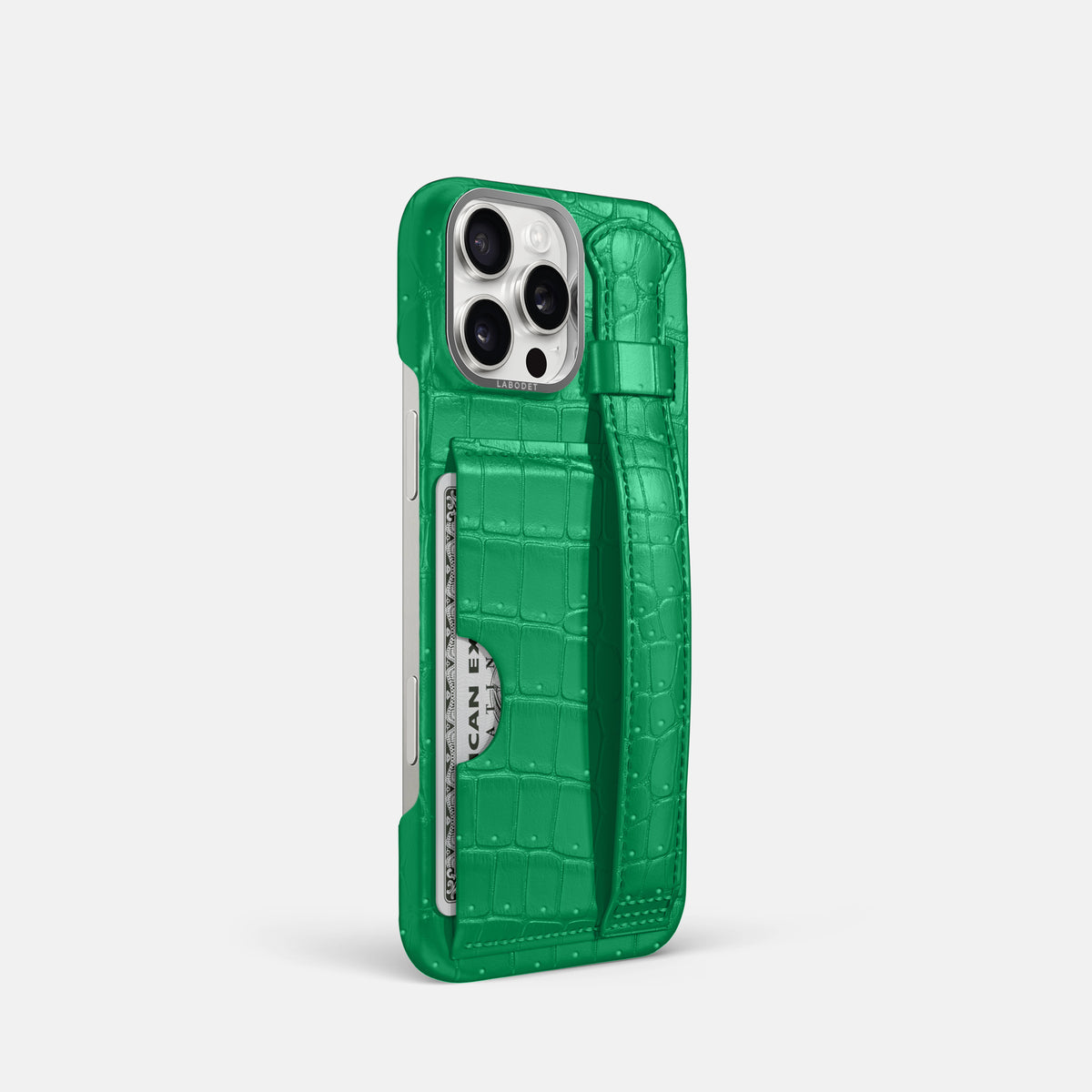 Cactus-Green iPhone 16 Pro Cardholder Strap Case Porosus Crocodile with Steel Metal -2 | Cactus-Green-Steel