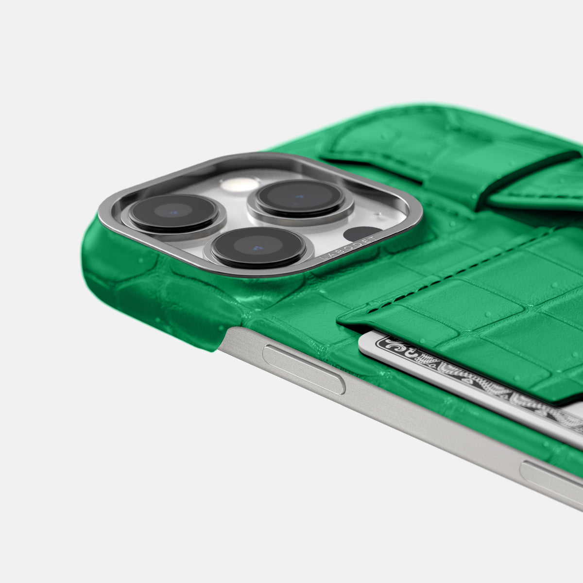 Cactus-Green iPhone 16 Pro Cardholder Strap Case Porosus Crocodile with Steel Metal -5 | Cactus-Green-Steel