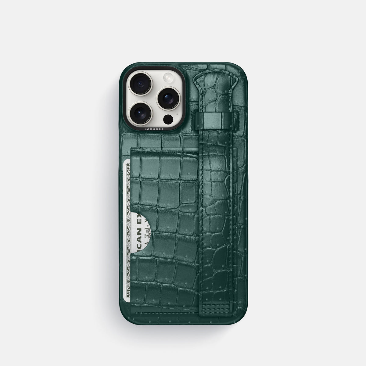 Dark-Forest iPhone 16 Pro Cardholder Strap Case Porosus Crocodile with Black Metal -1 | Dark-Forest-Black