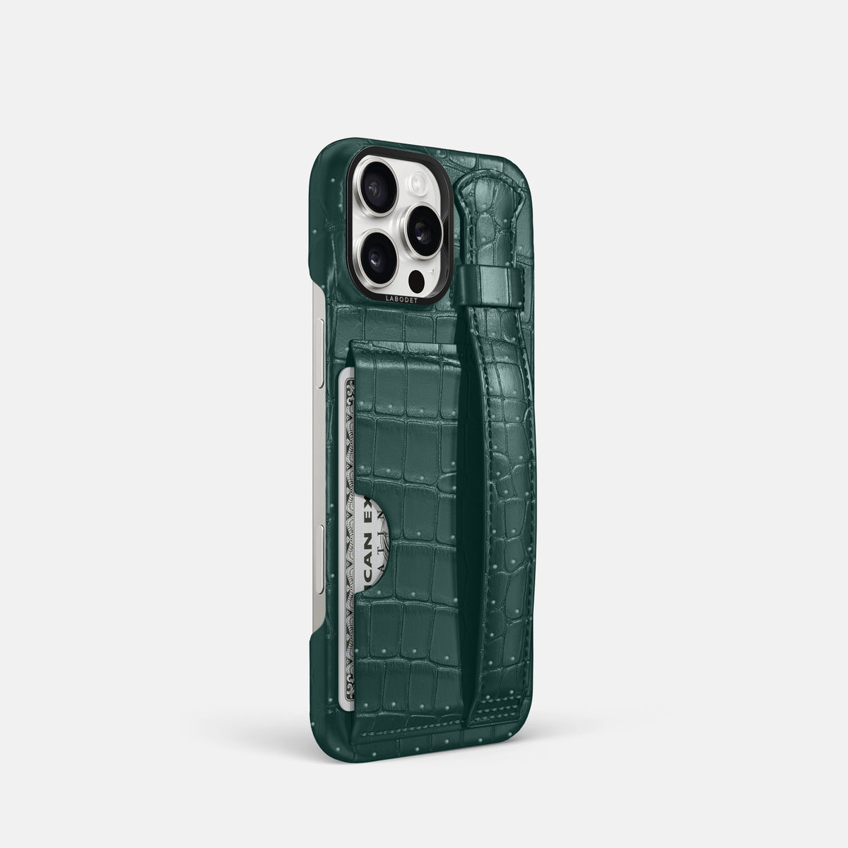 Dark-Forest iPhone 16 Pro Cardholder Strap Case Porosus Crocodile with Black Metal -2 | Dark-Forest-Black