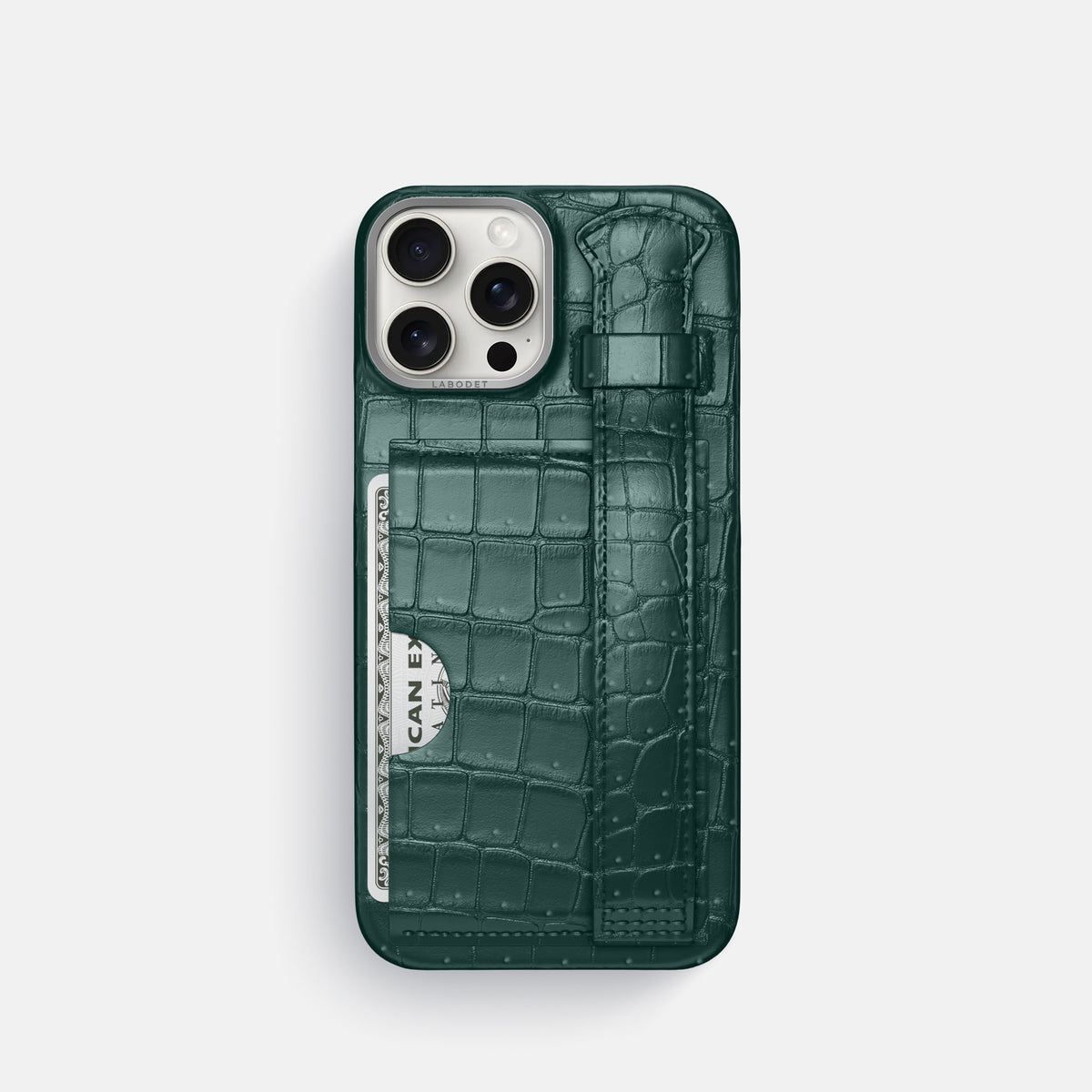 Dark-Forest iPhone 16 Pro Cardholder Strap Case Porosus Crocodile with Steel Metal -1 | Dark-Forest-Steel