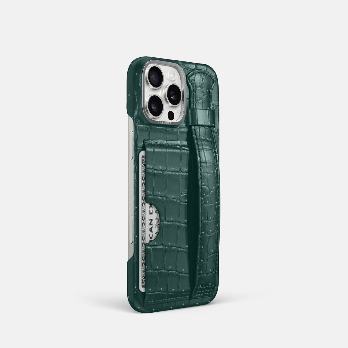 Dark-Forest iPhone 16 Pro Cardholder Strap Case Porosus Crocodile with Steel Metal -2 | Dark-Forest-Steel