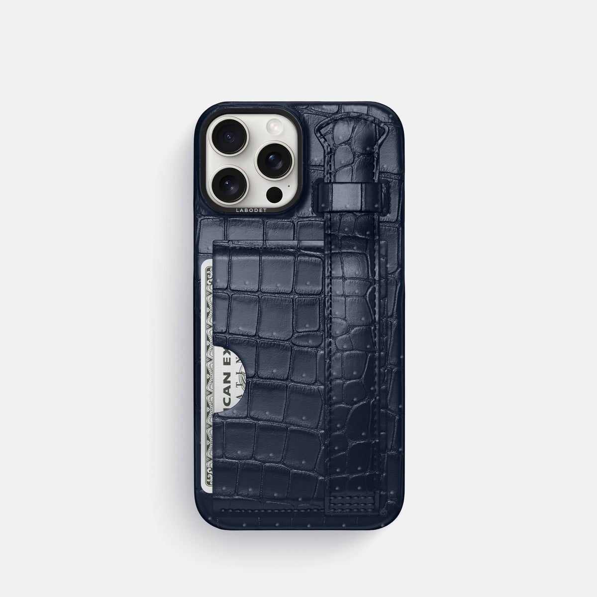Deep Blue Sea iPhone 16 Pro Cardholder Strap Case Porosus Crocodile with Black Metal -1 | Deep-Blue-Sea-Black