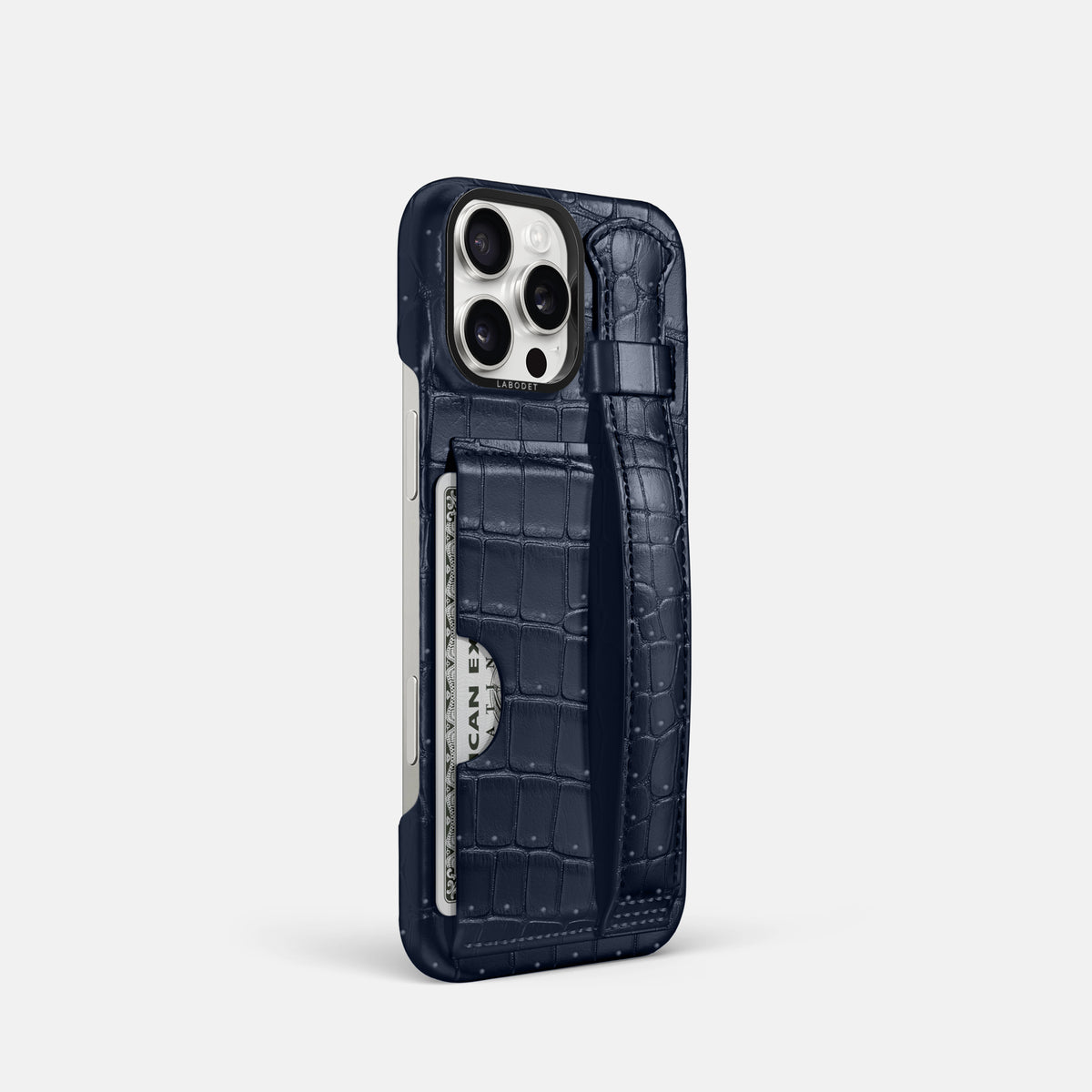 Deep Blue Sea iPhone 16 Pro Cardholder Strap Case Porosus Crocodile with Black Metal -2 | Deep-Blue-Sea-Black