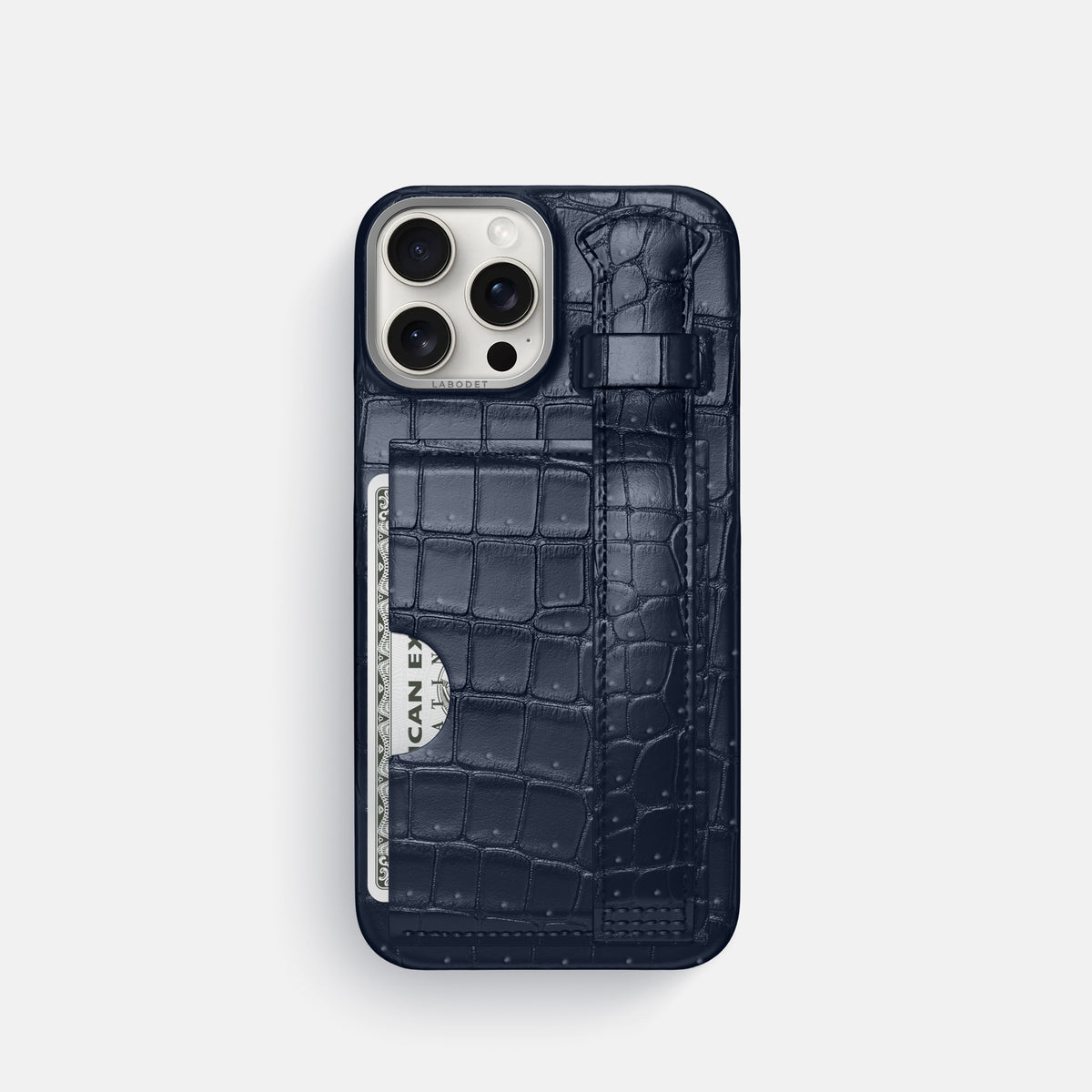 Deep Blue Sea iPhone 16 Pro Cardholder Strap Case Porosus Crocodile with Steel Metal -1 | Deep-Blue-Sea-Steel