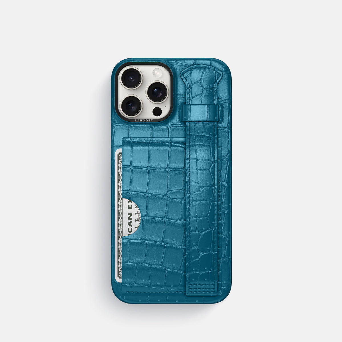 Duck Blue iPhone 16 Pro Cardholder Strap Case Porosus Crocodile with Black Metal -1 | Duck-Blue-Black