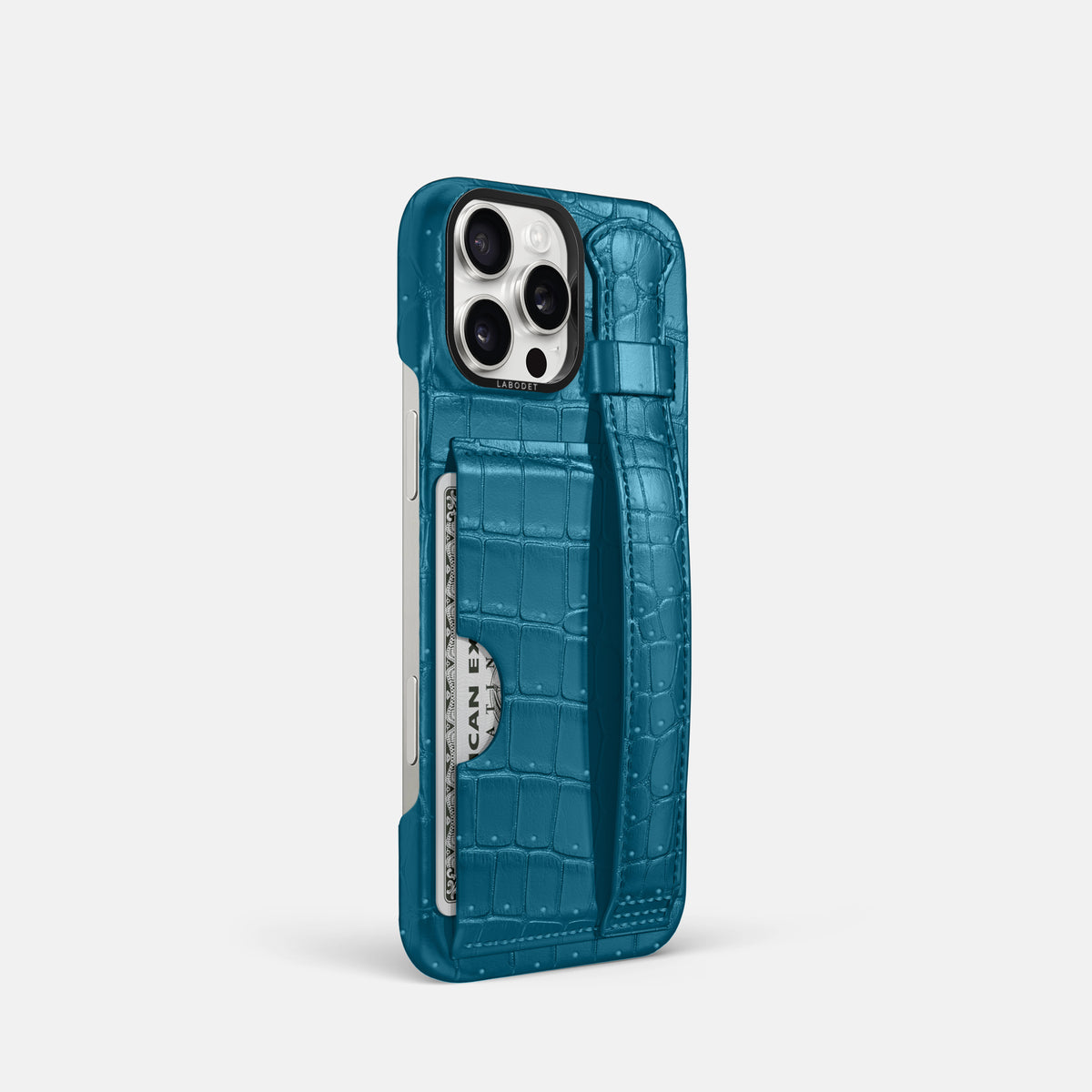 Duck Blue iPhone 16 Pro Cardholder Strap Case Porosus Crocodile with Black Metal -2 | Duck-Blue-Black
