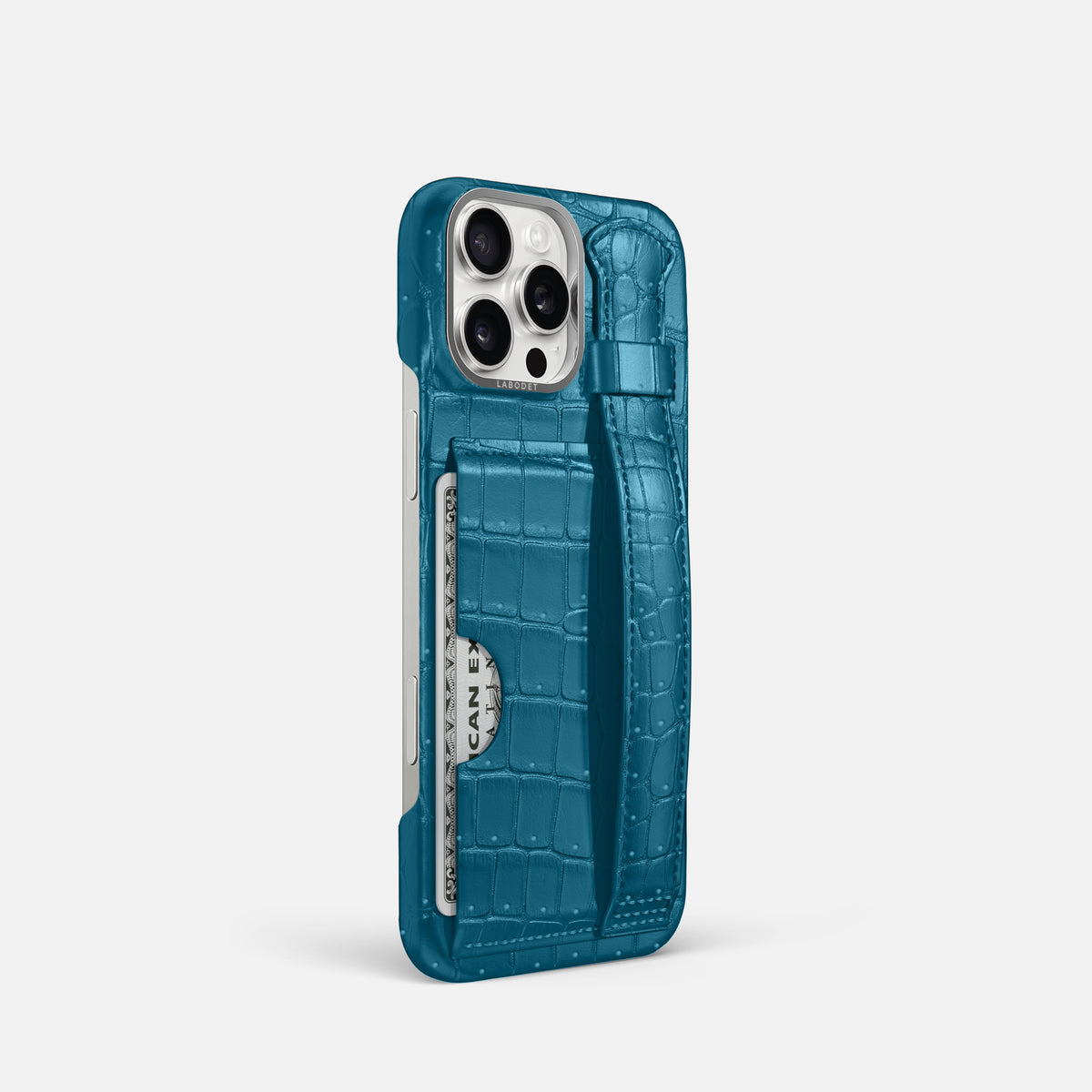 Duck Blue iPhone 16 Pro Cardholder Strap Case Porosus Crocodile with Steel Metal -2 | Duck-Blue-Steel
