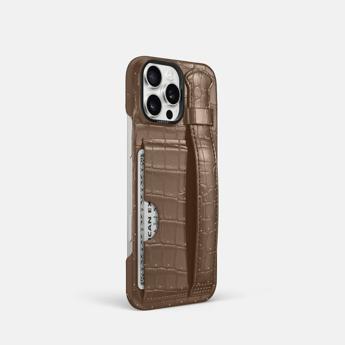 Fur-Brown iPhone 16 Pro Cardholder Strap Case Porosus Crocodile with Black Metal -2 | Fur-Brown-Black