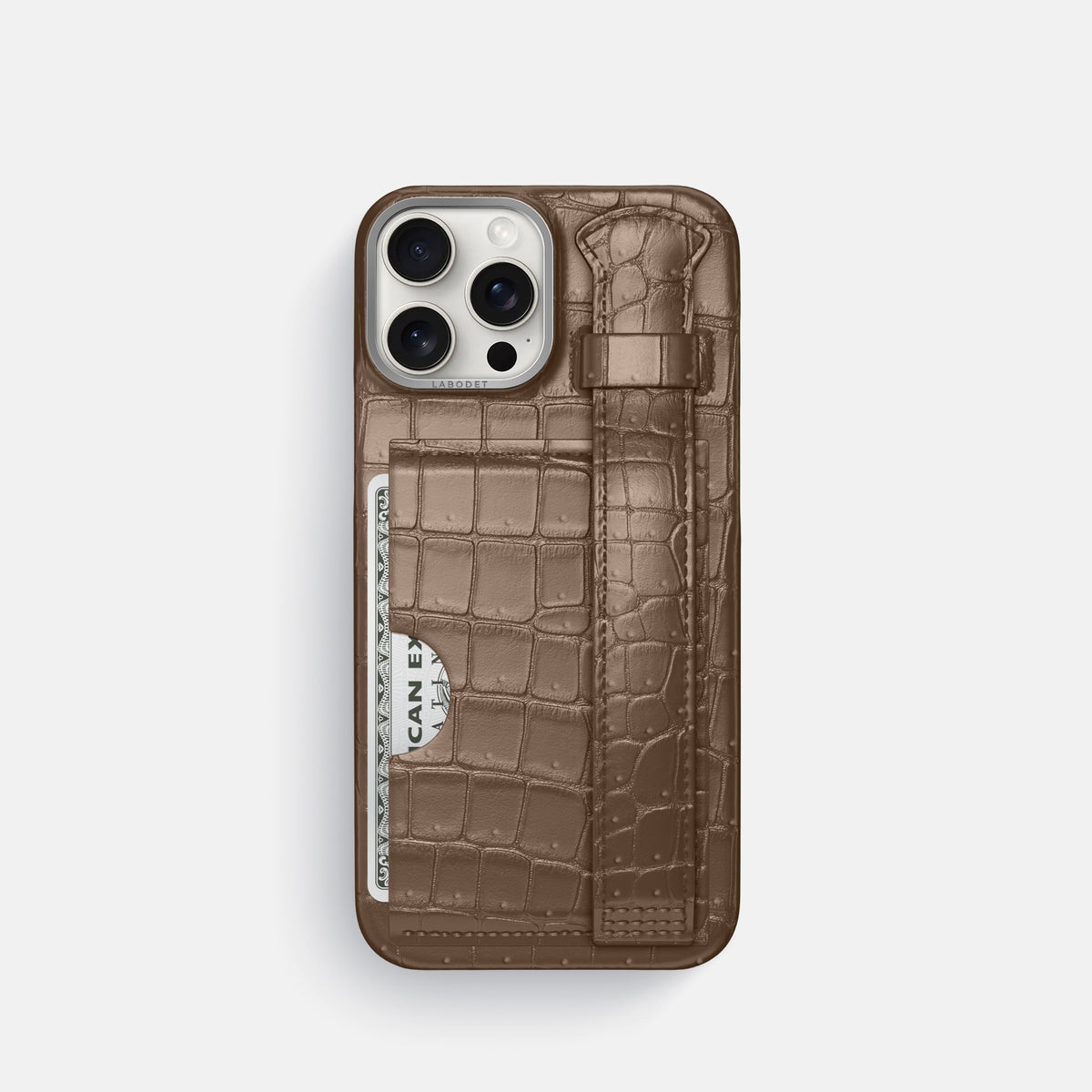 Fur-Brown iPhone 16 Pro Cardholder Strap Case Porosus Crocodile with Steel Metal -1 | Fur-Brown-Steel