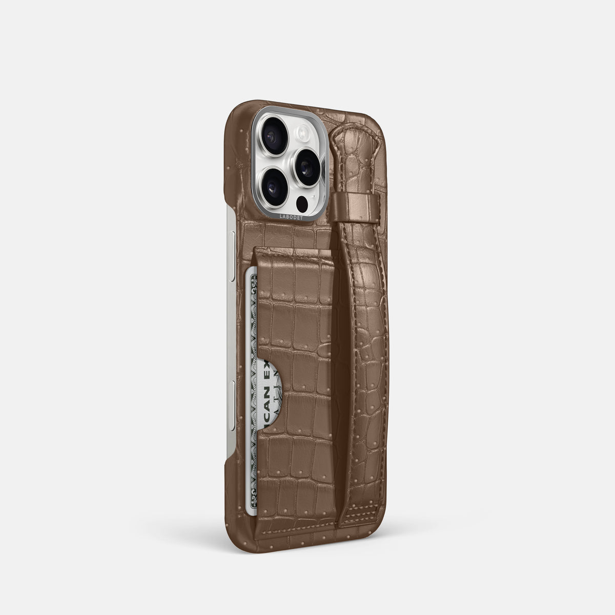 Fur-Brown iPhone 16 Pro Cardholder Strap Case Porosus Crocodile with Steel Metal -2 | Fur-Brown-Steel