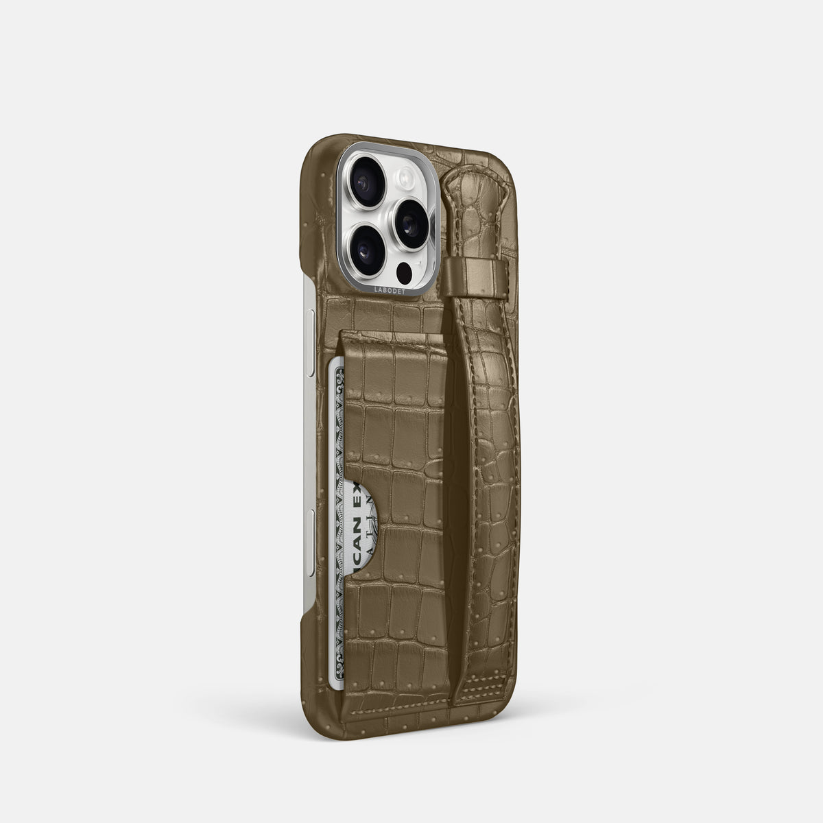 Kaki-Green iPhone 16 Pro Cardholder Strap Case Porosus Crocodile with Steel Metal -2 | Kaki-Green-Steel