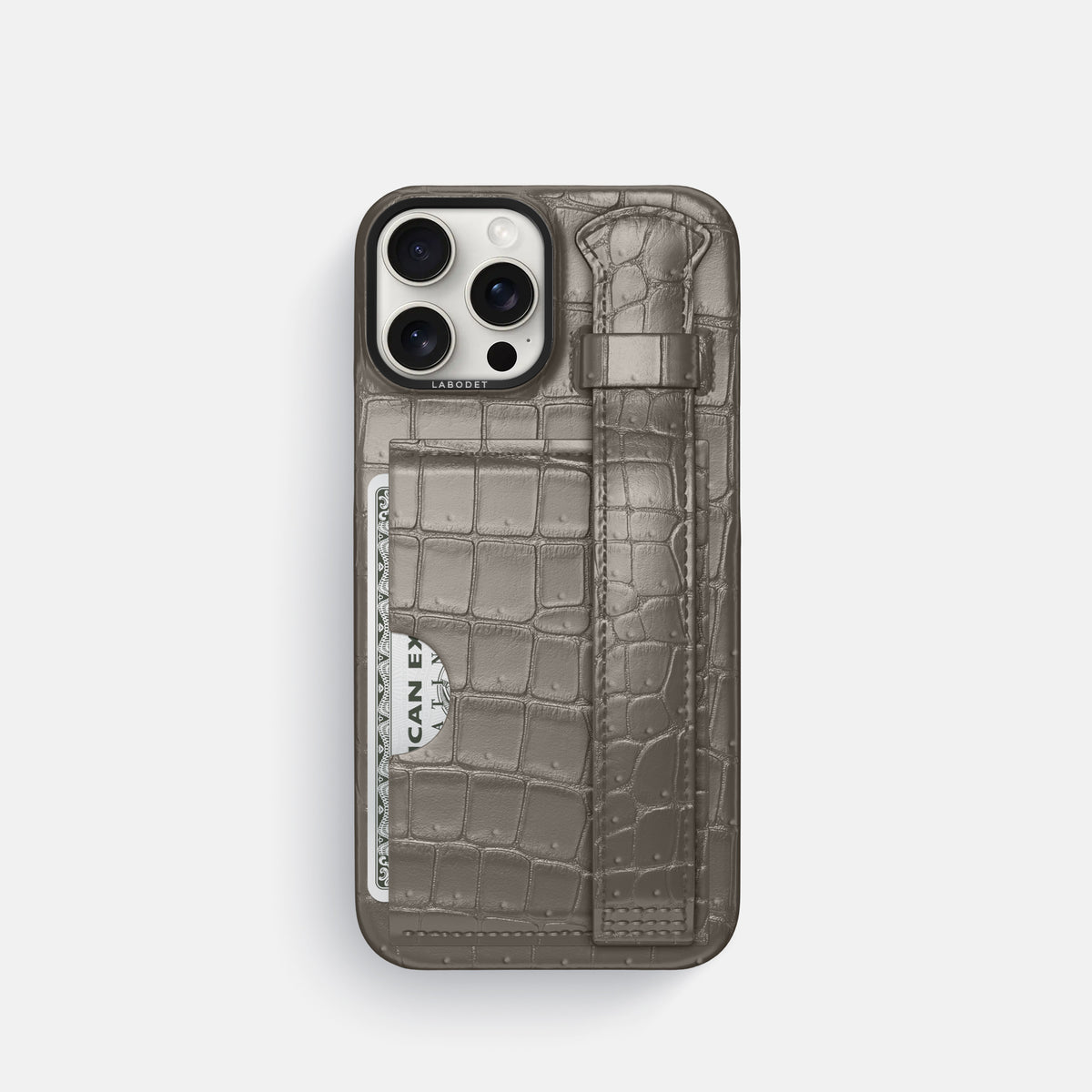 Lava-Stone iPhone 16 Pro Cardholder Strap Case Porosus Crocodile with Black Metal -1 | Lava-Stone-Black