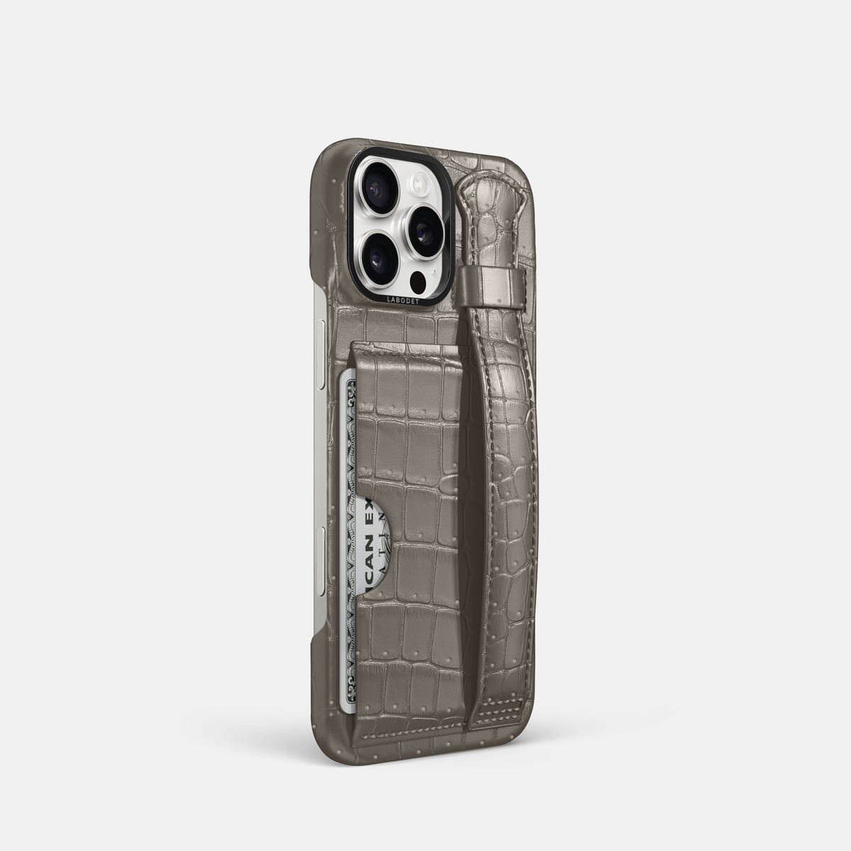 Lava-Stone iPhone 16 Pro Cardholder Strap Case Porosus Crocodile with Black Metal -2 | Lava-Stone-Black