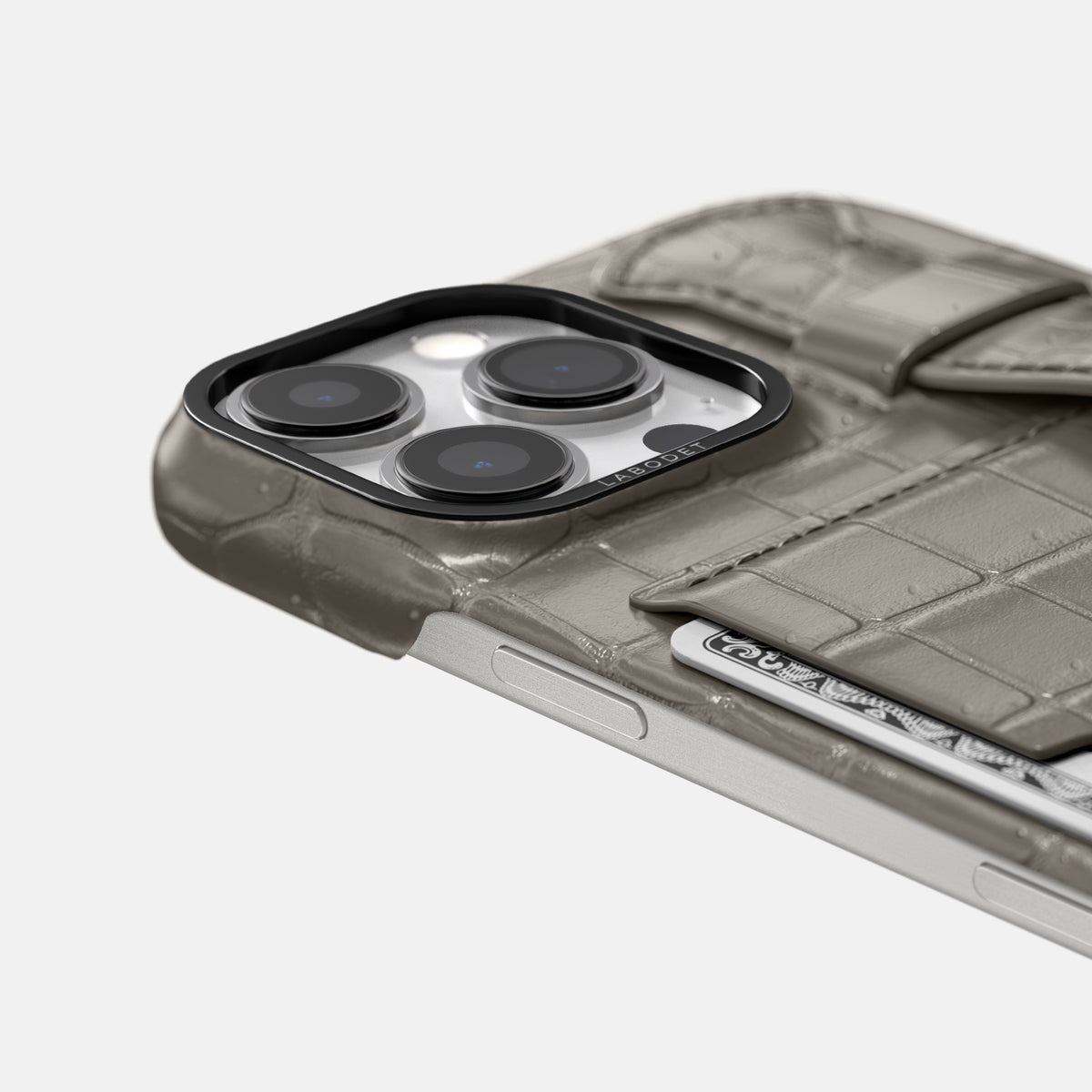Lava-Stone iPhone 16 Pro Cardholder Strap Case Porosus Crocodile with Black Metal -5 | Lava-Stone-Black