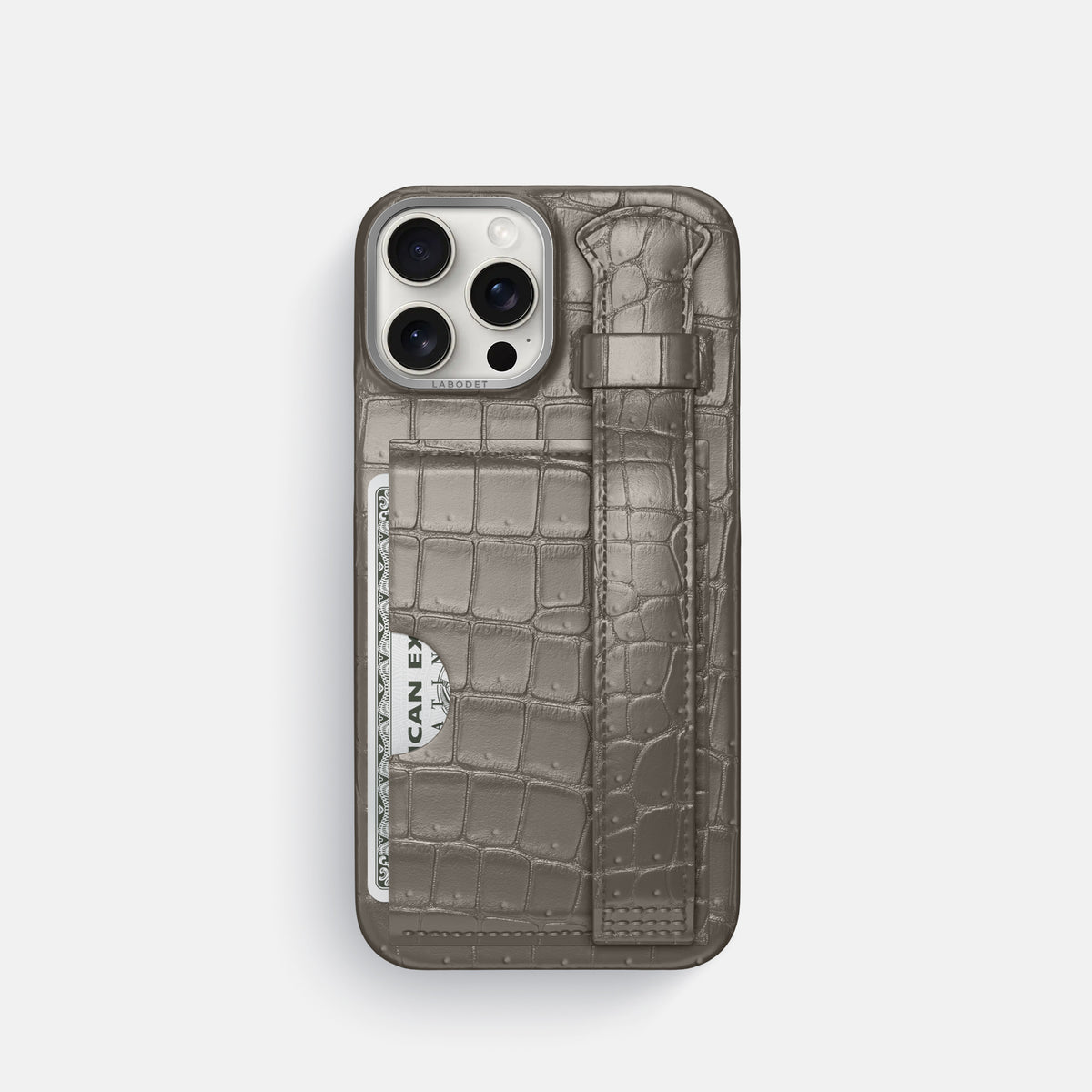 Lava-Stone iPhone 16 Pro Cardholder Strap Case Porosus Crocodile with Steel Metal -1 | Lava-Stone-Steel