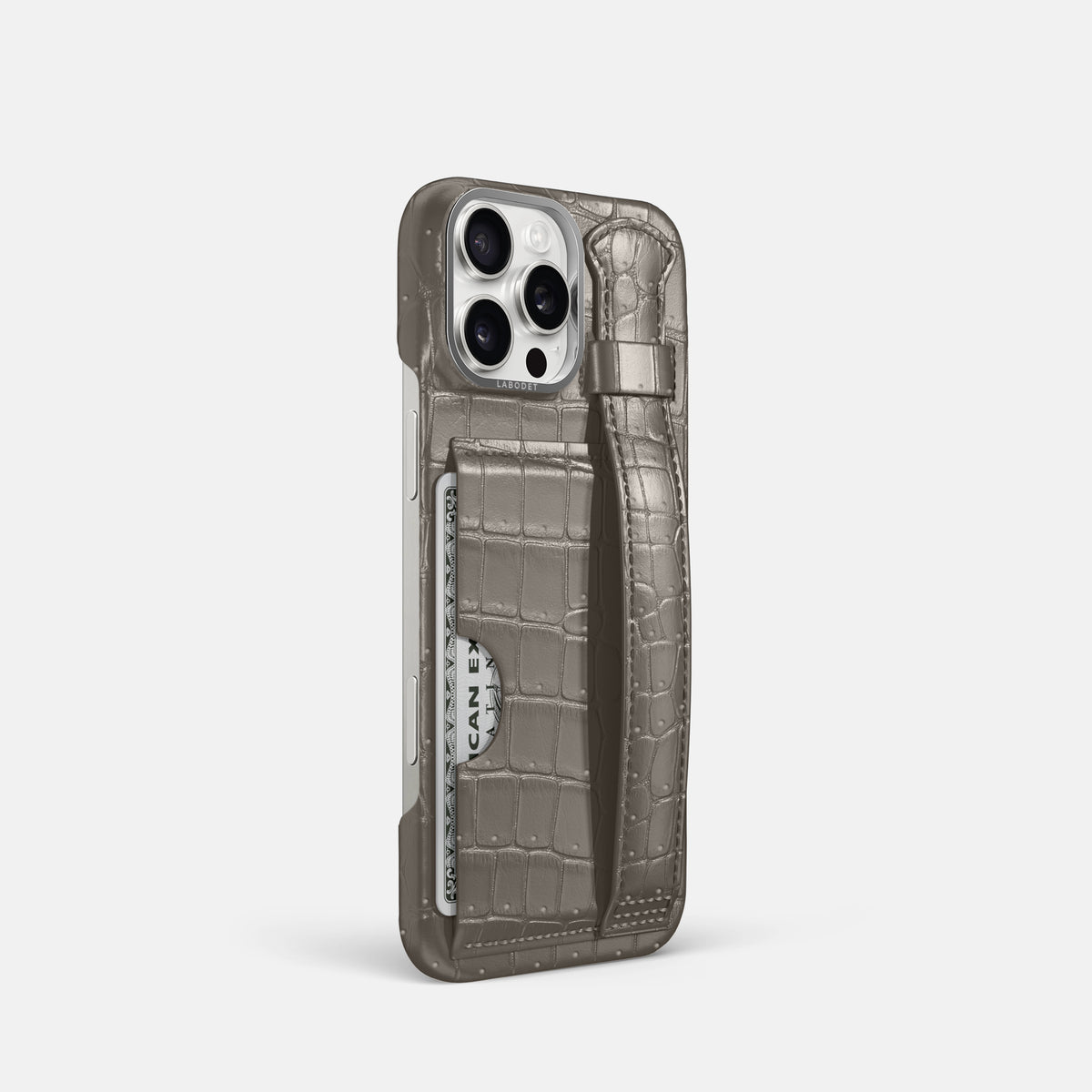 Lava-Stone iPhone 16 Pro Cardholder Strap Case Porosus Crocodile with Steel Metal -2 | Lava-Stone-Steel