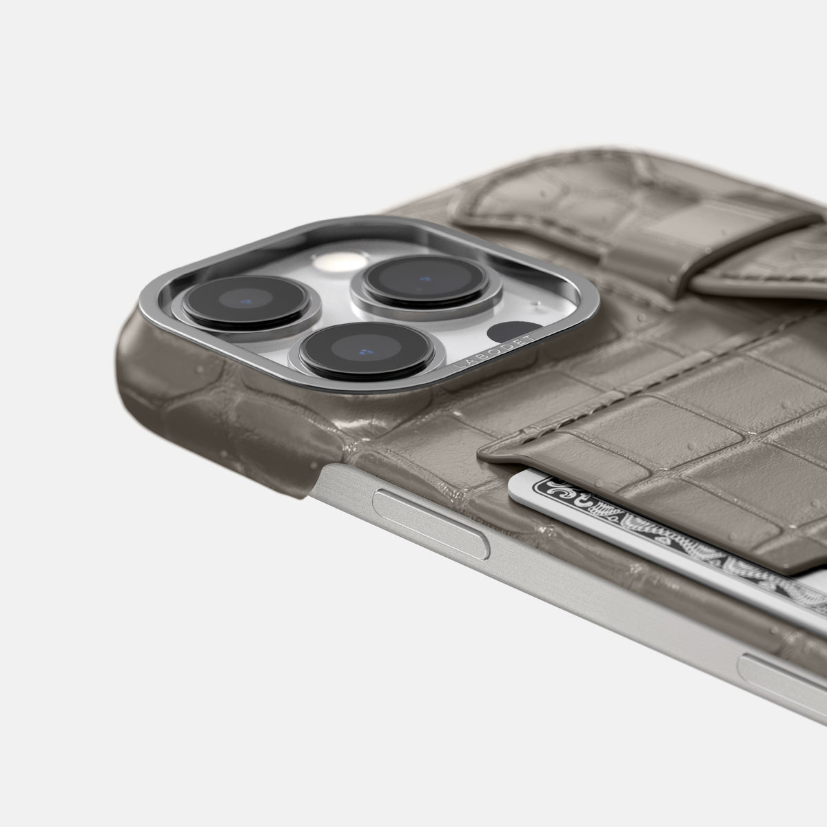 Lava-Stone iPhone 16 Pro Cardholder Strap Case Porosus Crocodile with Steel Metal -5 | Lava-Stone-Steel