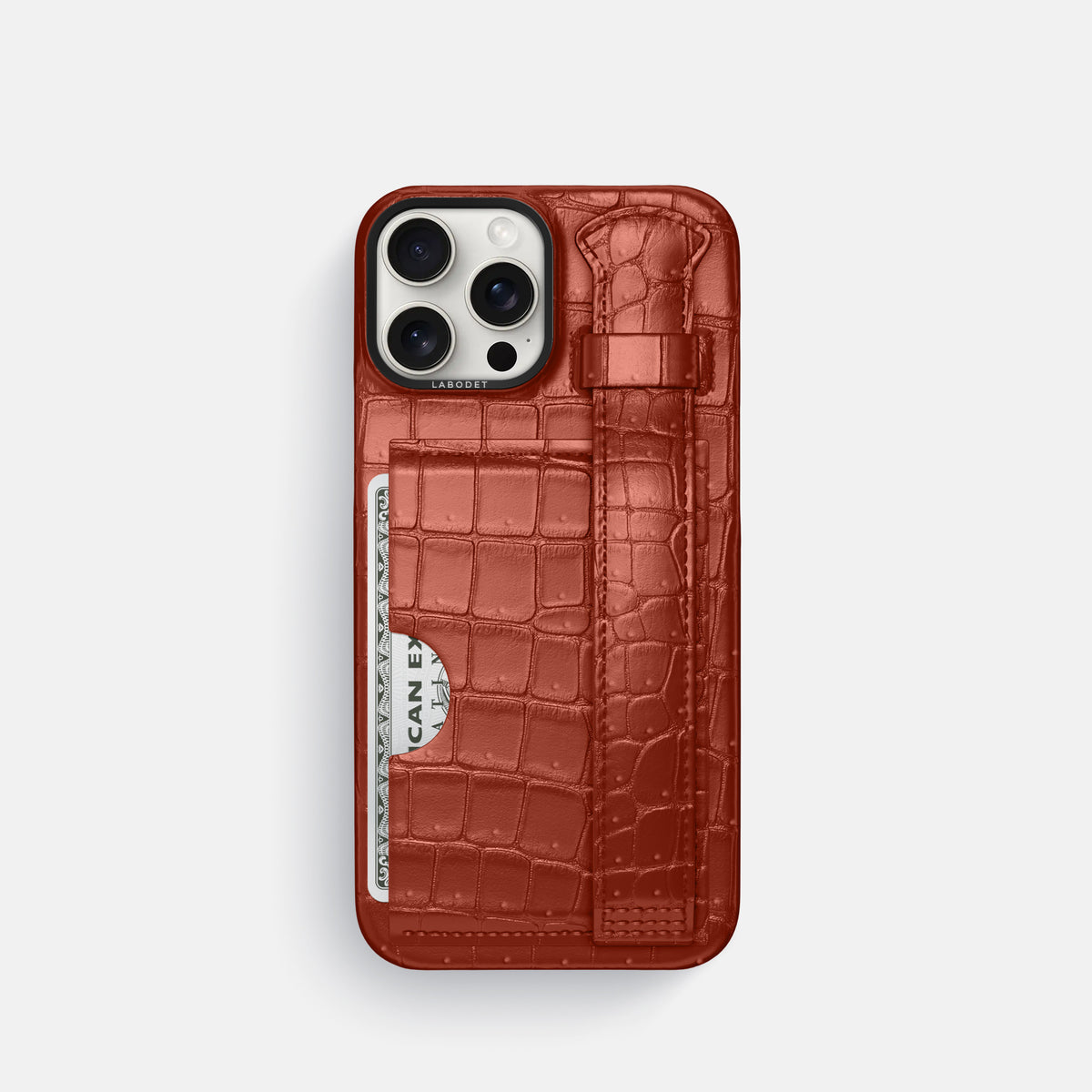 Mahogany-Brown iPhone 16 Pro Cardholder Strap Case Porosus Crocodile with Black Metal -1 | Mahogany-Brown-Black