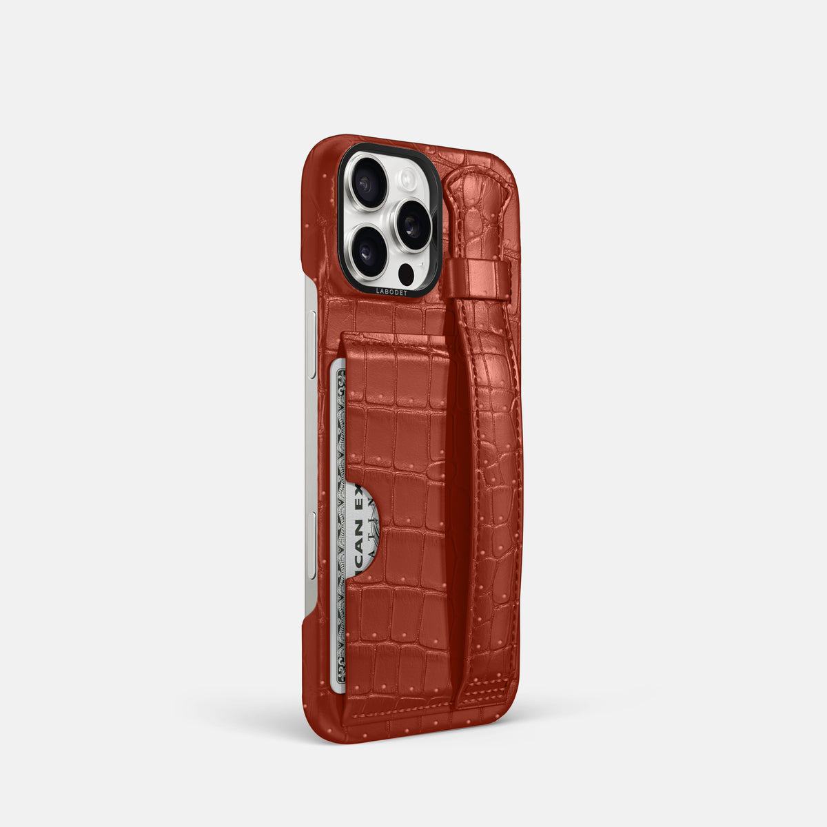 Mahogany-Brown iPhone 16 Pro Cardholder Strap Case Porosus Crocodile with Black Metal -2 | Mahogany-Brown-Black
