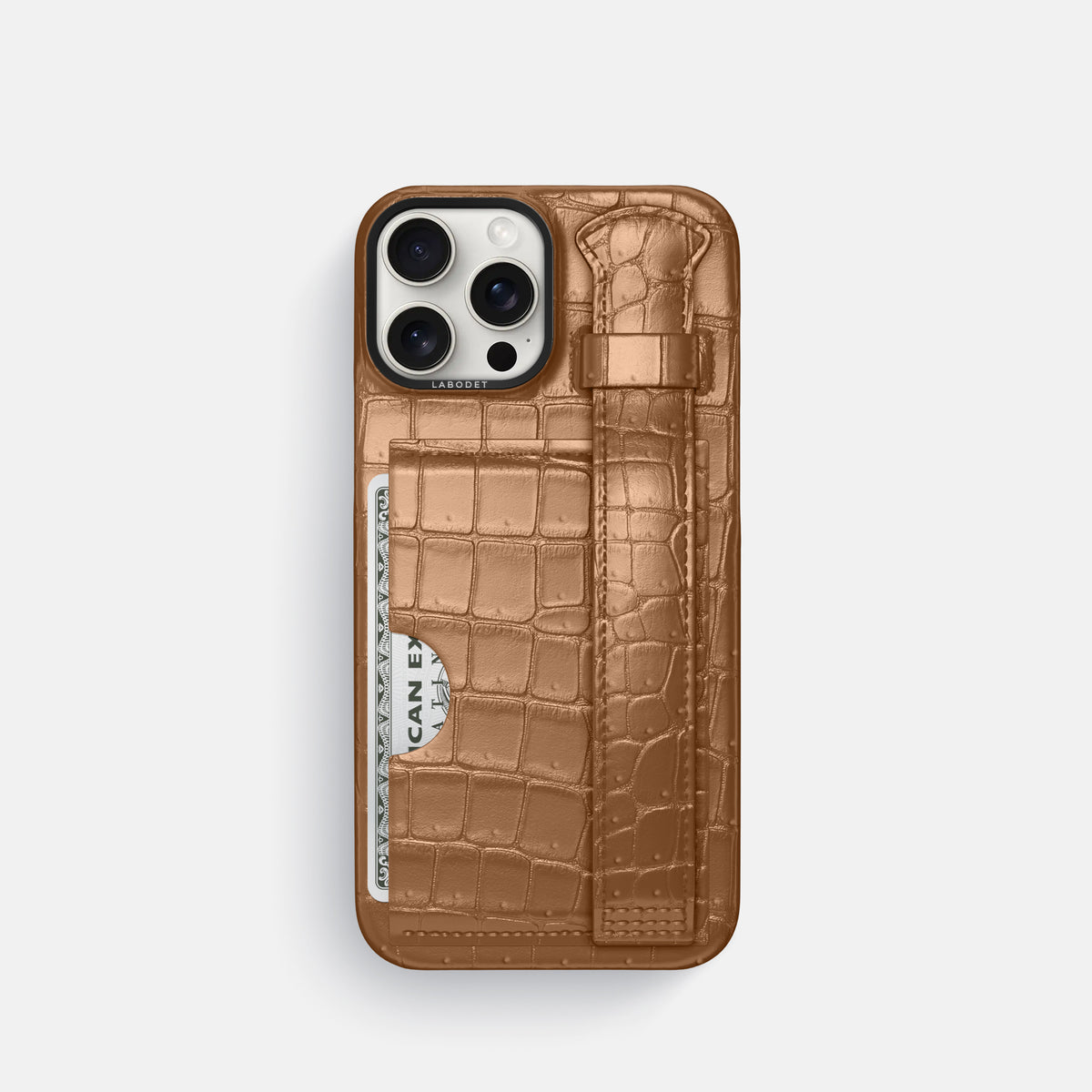 Milk-Chocolate iPhone 16 Pro Cardholder Strap Case Porosus Crocodile with Black Metal -1 | Milk-Chocolate-Black