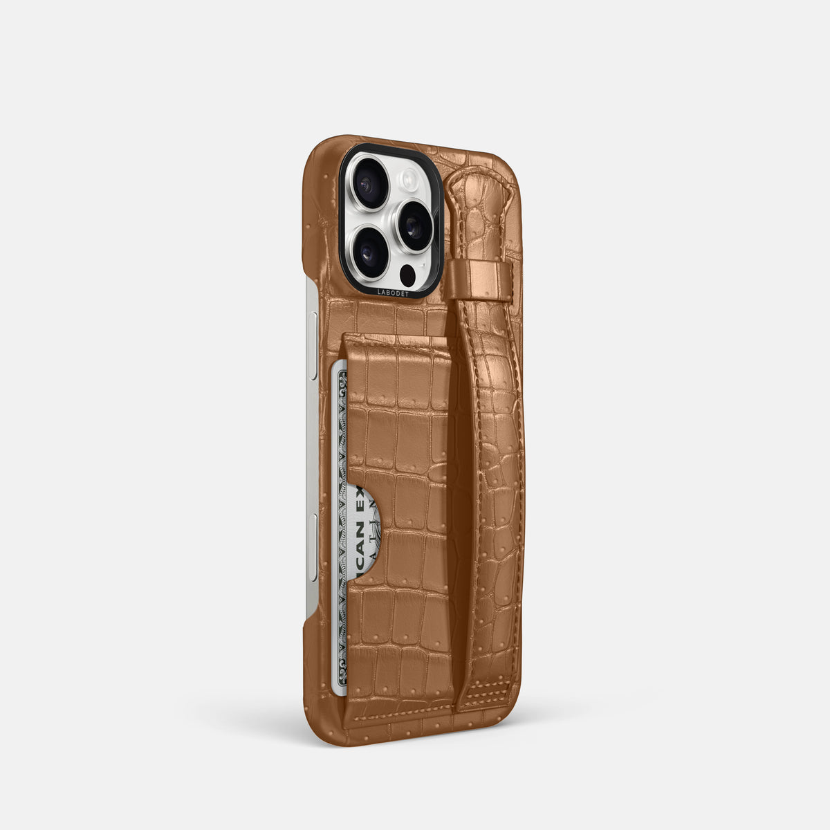 Milk-Chocolate iPhone 16 Pro Cardholder Strap Case Porosus Crocodile with Black Metal -2 | Milk-Chocolate-Black