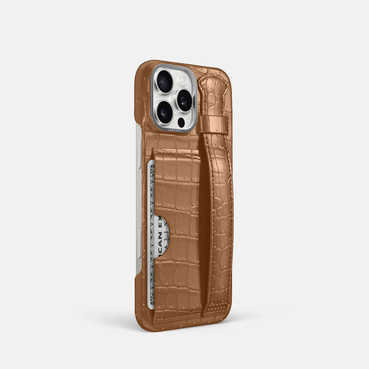 Milk-Chocolate iPhone 16 Pro Cardholder Strap Case Porosus Crocodile with Steel Metal -2 | Milk-Chocolate-Steel